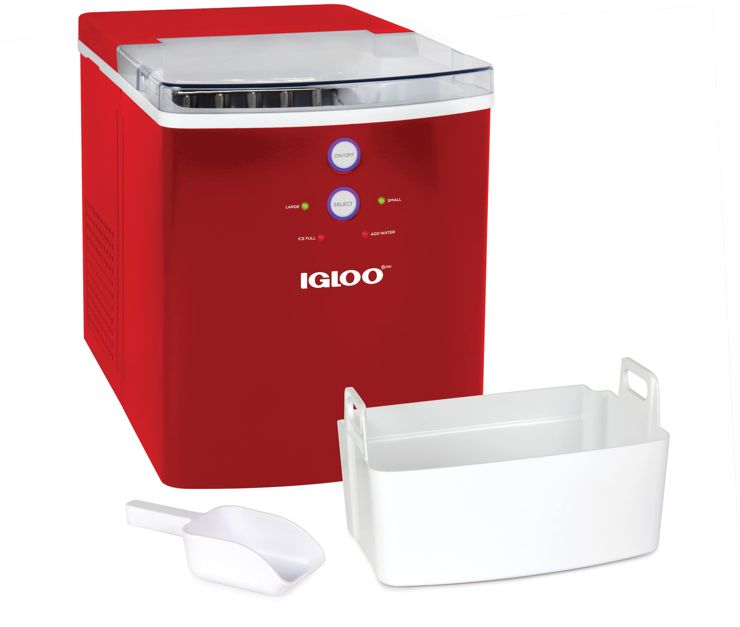 Igloo ICEB33RD 33-Pound Automatic Portable Electric Countertop Ice Maker Machine - Makes 9 Cubes in 7 Minutes, 33 lbs in 24 Hours - Includes Ice Scoop & Basket (Red) - Perfect for Home, Office, Parties & Outdoor Use