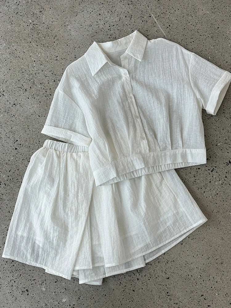 Beige Women's Two-Piece Suit Set - Thin Half Body Skirt & Lapel Short Sleeve Shirt | Spring Summer 2025 Fashion Trend | Office Wear, Casual Outfits, Party Dresses (Style 1DJ1239)