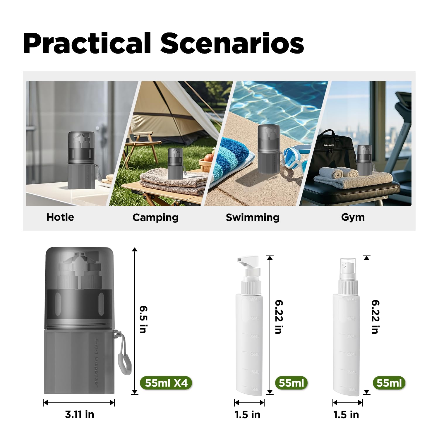 YOTIME 4-in-1 TSA Approved Leak Proof Travel Bottles Set - Reusable Silicone Toiletry Containers for Shampoo, Conditioner & Body Wash - Perfect for Air Travel, Gym & Vacation (Gray)