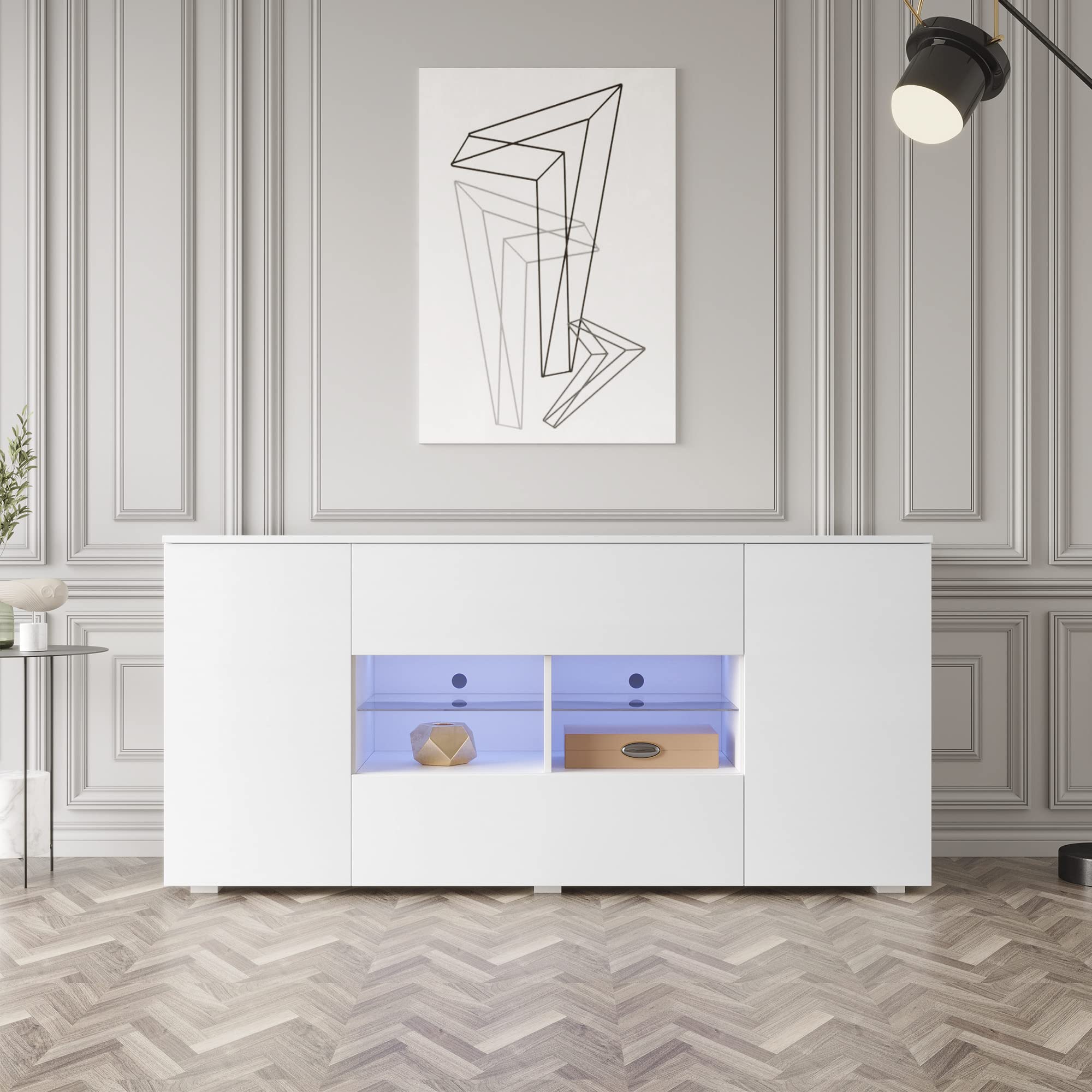 Modern LED Buffet Cabinet with Storage - High Gloss White Kitchen Sideboard, Wooden Bar Cabinet for Living Room, Dining Room & Hallway - Perfect for Entertaining, Displaying China & Organizing Home Decor