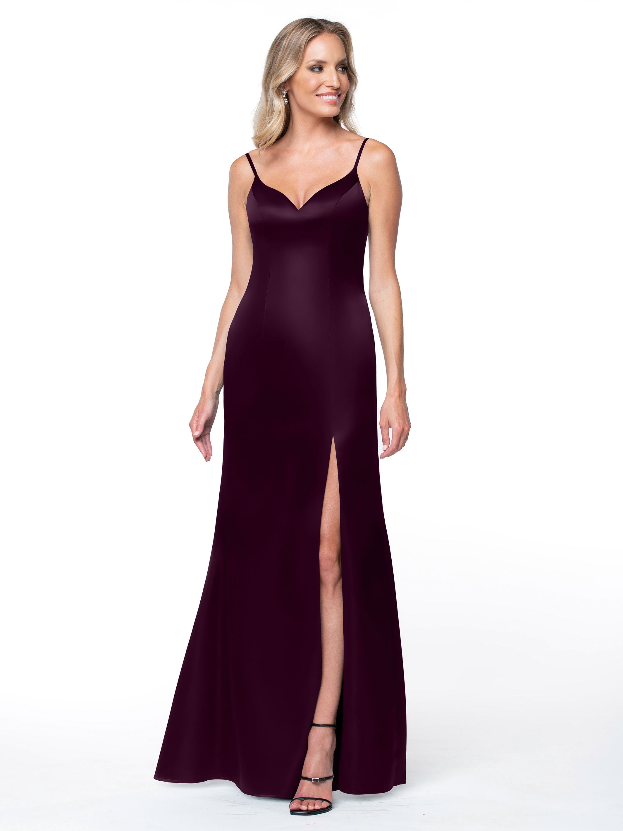 Elegant 80132 Fit and Flare Satin Bridesmaid Dress with High Slit - Perfect for Weddings, Prom, and Formal Events