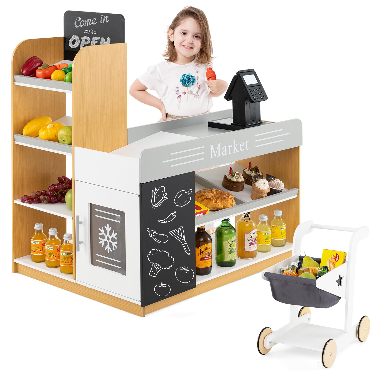 HONEY JOY Kids Wooden Grocery Store Playset with Shopping Cart, Supermarket Checkout Stand, Blackboard & Display Shelves - Pretend Play Toy for Toddlers & Preschoolers | Perfect Gift for Boys & Girls | Natural Wood Design for Home, Classroom & Playroom Fun