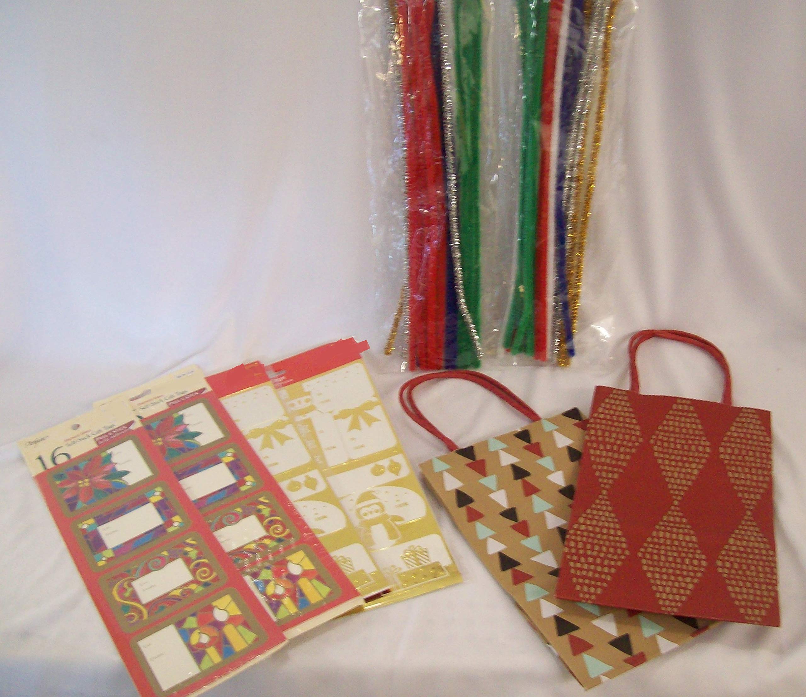 Festive Christmas Gift Tags, Holiday Gift Bags & Shiny Tinsel Stems - Perfect for Wrapping Presents, Party Decorations and Seasonal Crafts