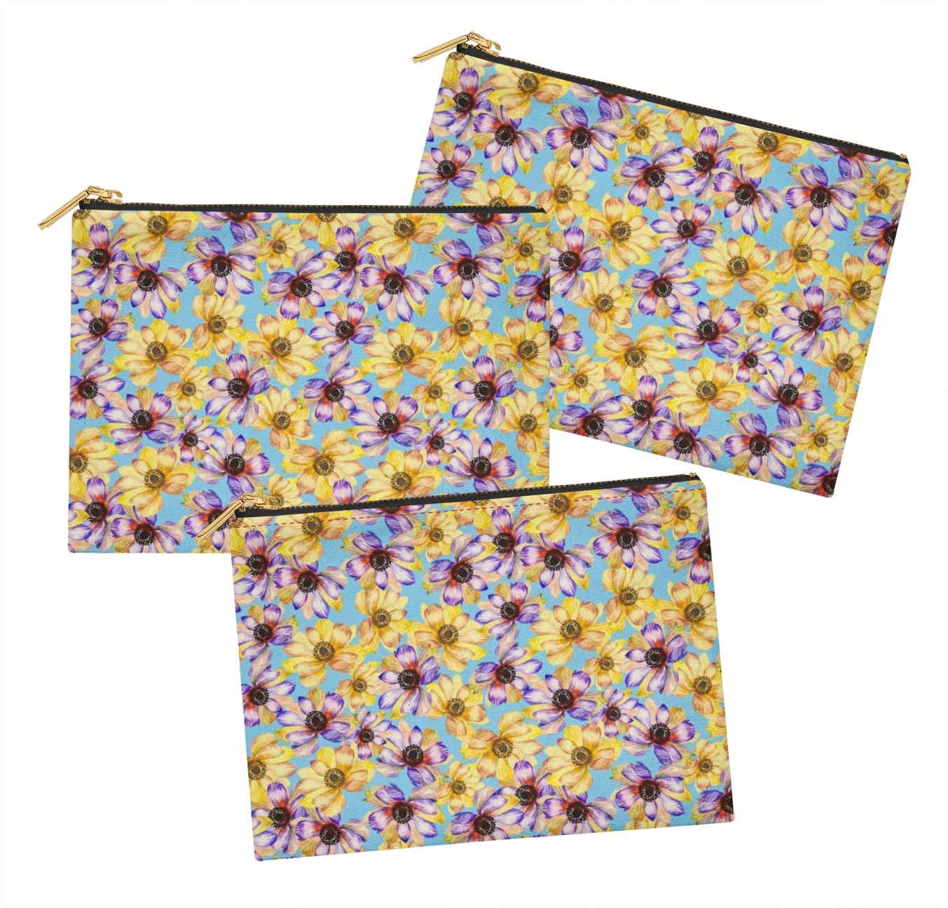 Blue Daisies Watercolor Cosmetic Bag Set of 3 - 6 x 8 Inch Printed Makeup Pouch & Toiletry Organizer for Travel, Gym, and Daily Essentials Storage