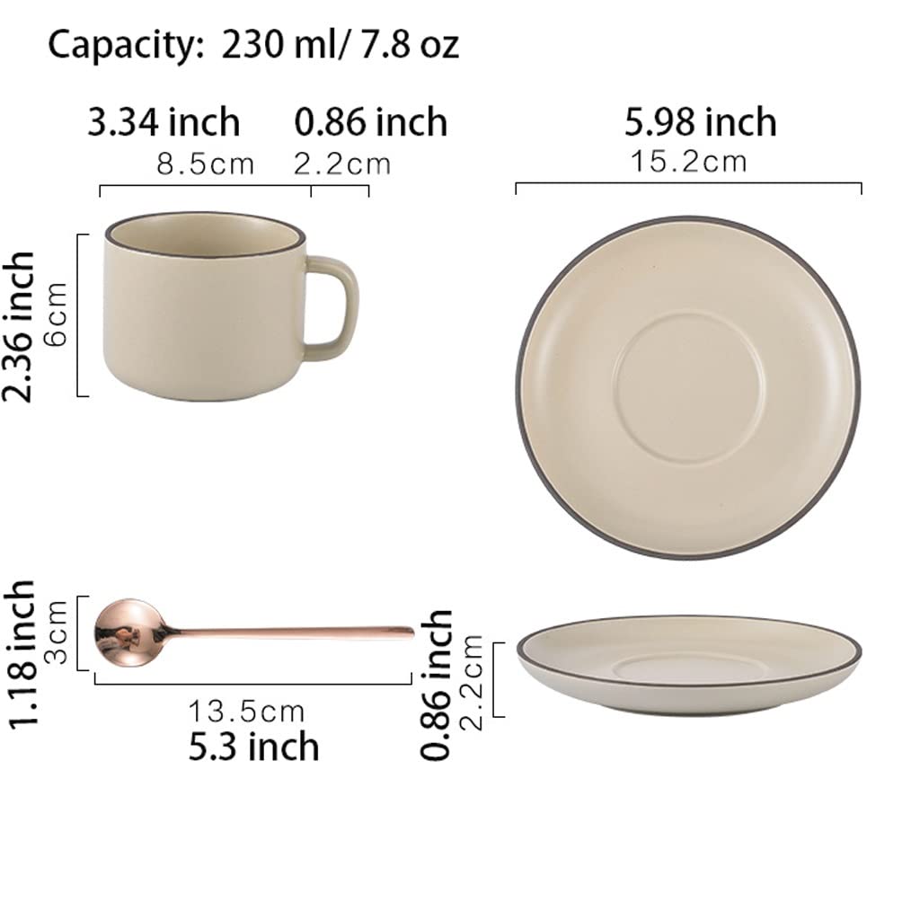 Premium Ceramic Coffee Mug and Saucer Set - 230ml (7.8 Oz) Tea Cup with Spoon - Durable Dishwasher Safe Cups for Home, Office or Gift - Classic One Color Design for Coffee, Tea & Hot Beverages