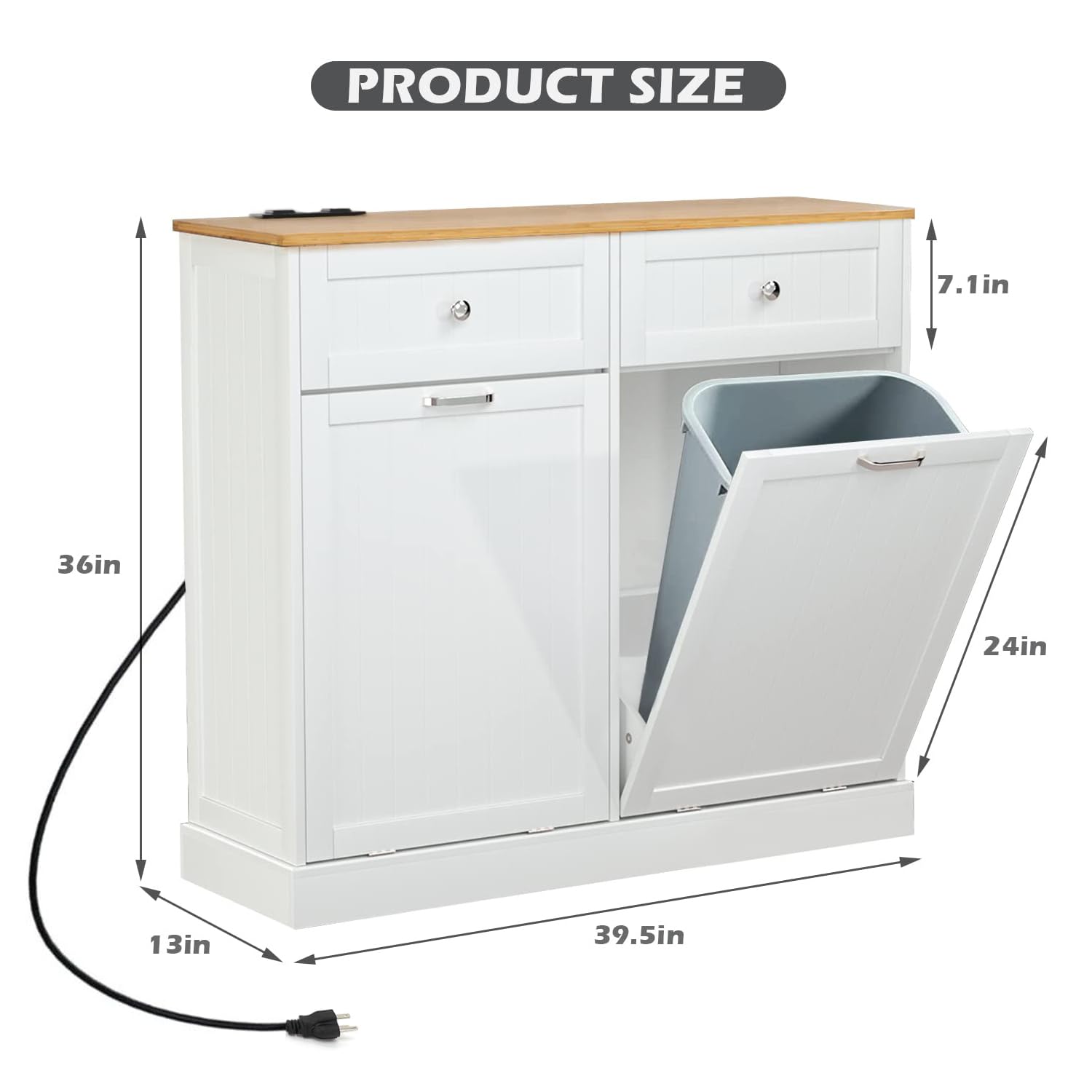 Upgraded GAZHOME 20 Gallon Double Tilt-Out Trash Cabinet with Built-in Charging Station & Hideaway Drawer - White Wooden Free-Standing Recycling Bin Organizer for Kitchen, Bathroom, or Office Use