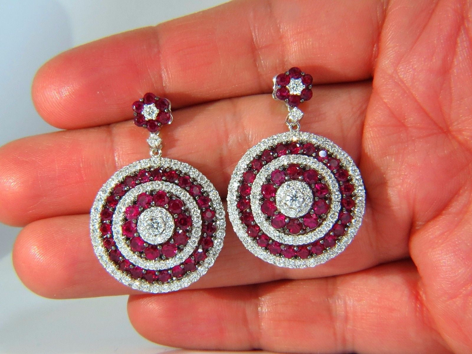 9.74ct Natural Red Ruby Diamond Dangling Earrings 18K Gold Roulette Bulls Eye - Elegant Jewelry for Weddings, Parties & Special Occasions