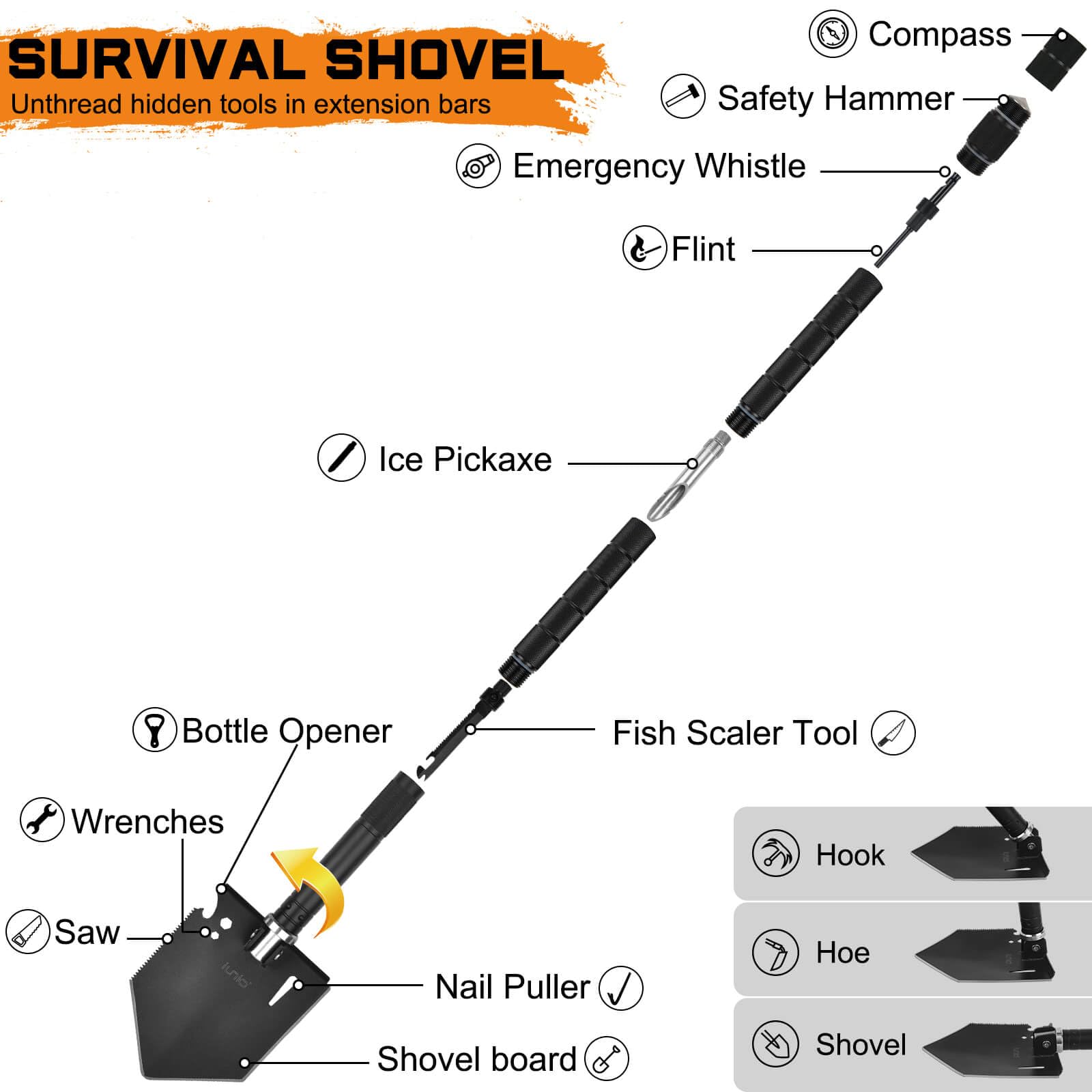 IUNIO 12-in-1 Survival Kit with Folding Shovel, Camping Axe, Multitool & Pickaxe - Heavy Duty Off-Road Tools for Outdoor Adventures, Hiking, Camping & Car Emergency (Upgrade Black) - Includes Durable Carrying Bag