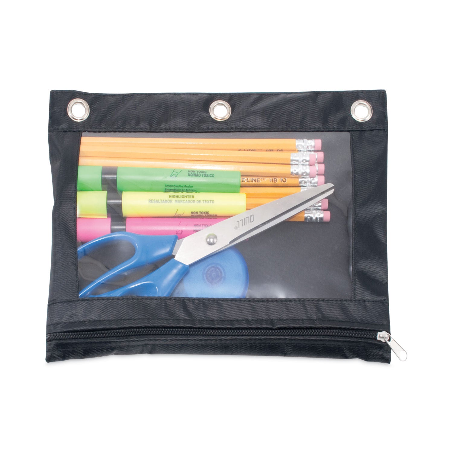 Advantus 3 Hole Punched Binder Pencil Pouch - 10 x 7.38 Inches, Black/Clear, 3-Pack - Perfect for School, Office & Organization Supplies Storage