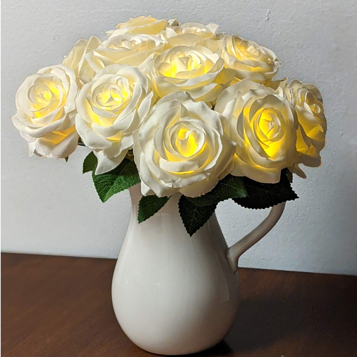 11 Stem LED Lighted Rose Bouquet - Artificial White Silk Flowers with Battery Operated Timer - Elegant Home Decor, Wedding Centerpieces, Party & Table Decorations (White) - Perfect for Romantic Dinners, Anniversary Gifts & Bedroom Ambiance