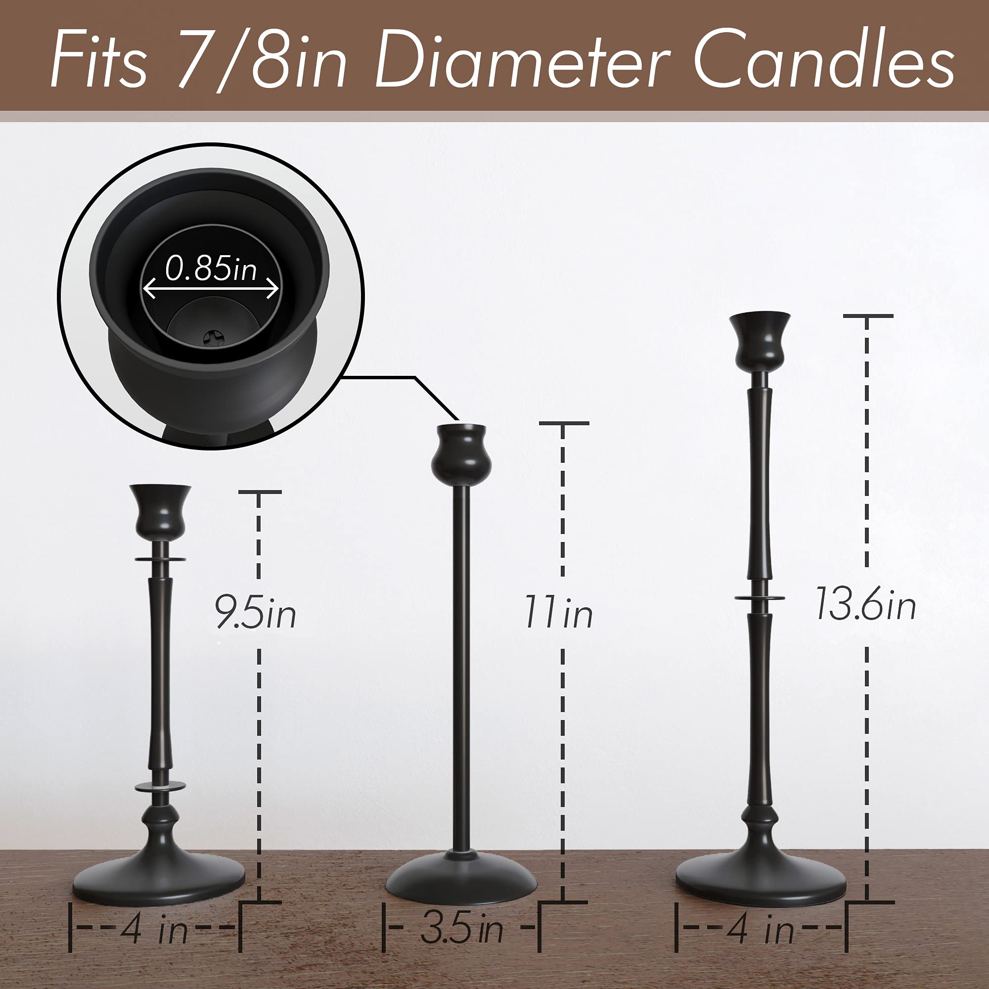 Matte Black Metal Taper Candle Holders Set of 3 for Home Decor
