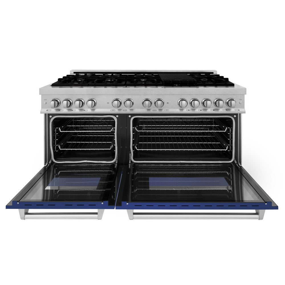 ZLINE 60-Inch 7.4 cu.ft Dual Fuel Range with 9-Burner Gas Cooktop & 2 Electric Convection Ovens - Satin Stainless Steel with Blue Matte Doors (RAS BM 60) for Professional Home Kitchens and Gourmet Cooking