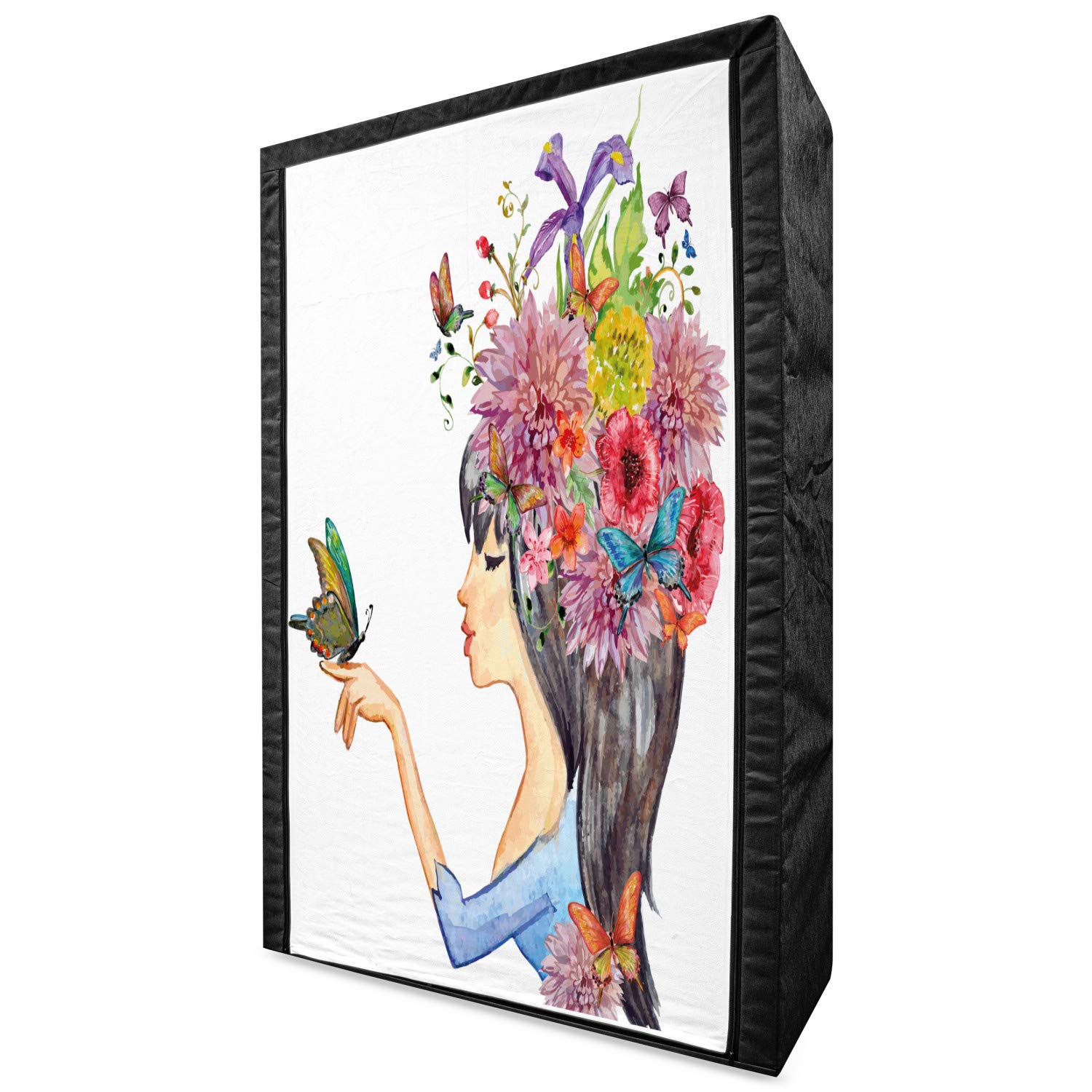 Ambesonne Floral Portable Fabric Wardrobe - Colorful Spring Flowers & Leaves with Butterfly Art Print - 42.5 Inch Clothing Organizer & Storage Closet with Shelves - Multicolor for Bedroom, Closet, Dorm, or Apartment Organization