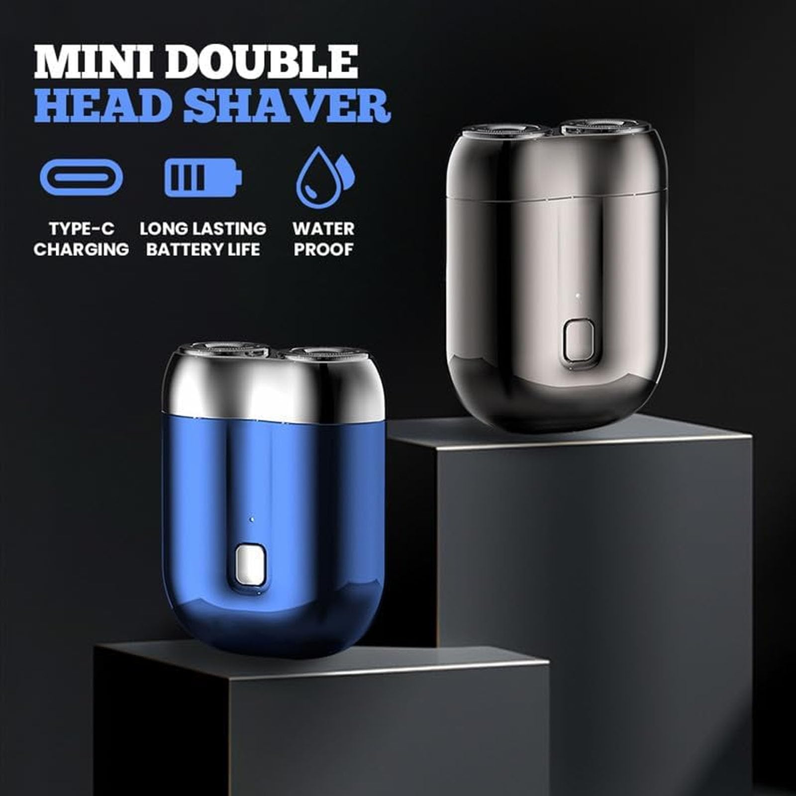Jacooba Mini Dual-Head Electric Shaver - Portable Waterproof Travel Shaver with Double-Ring Magnetic Cutter for Men - Silver | Perfect for Home, Travel & Gym Use