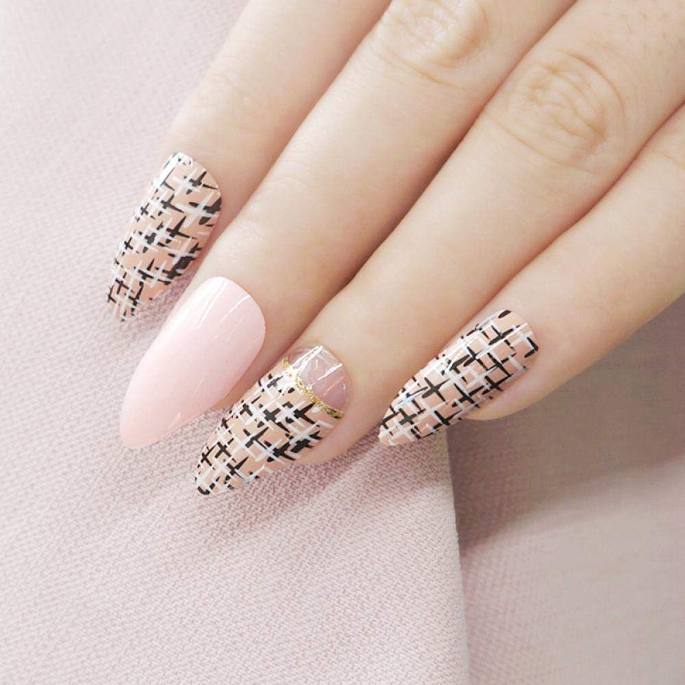 Elegant Short High Heel False Nails - Light Pink Acrylic Fake Nails with Khaki Mesh Design | Full Coverage Nail Tips for Manicure | Perfect for Parties, Weddings & Daily Wear