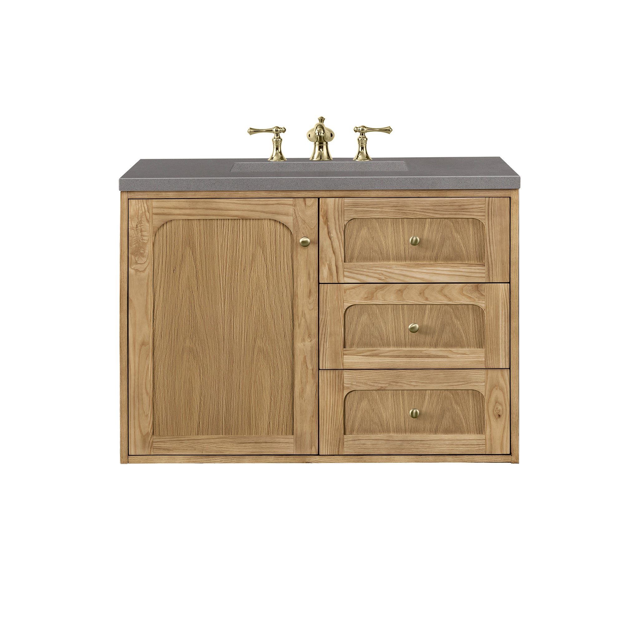 Laurent 36 Inch Single Bathroom Vanity with Light Natural Oak Finish & 3CM Grey Expo Top - Perfect for Modern Home Bathroom Remodeling and Space-Saving Design