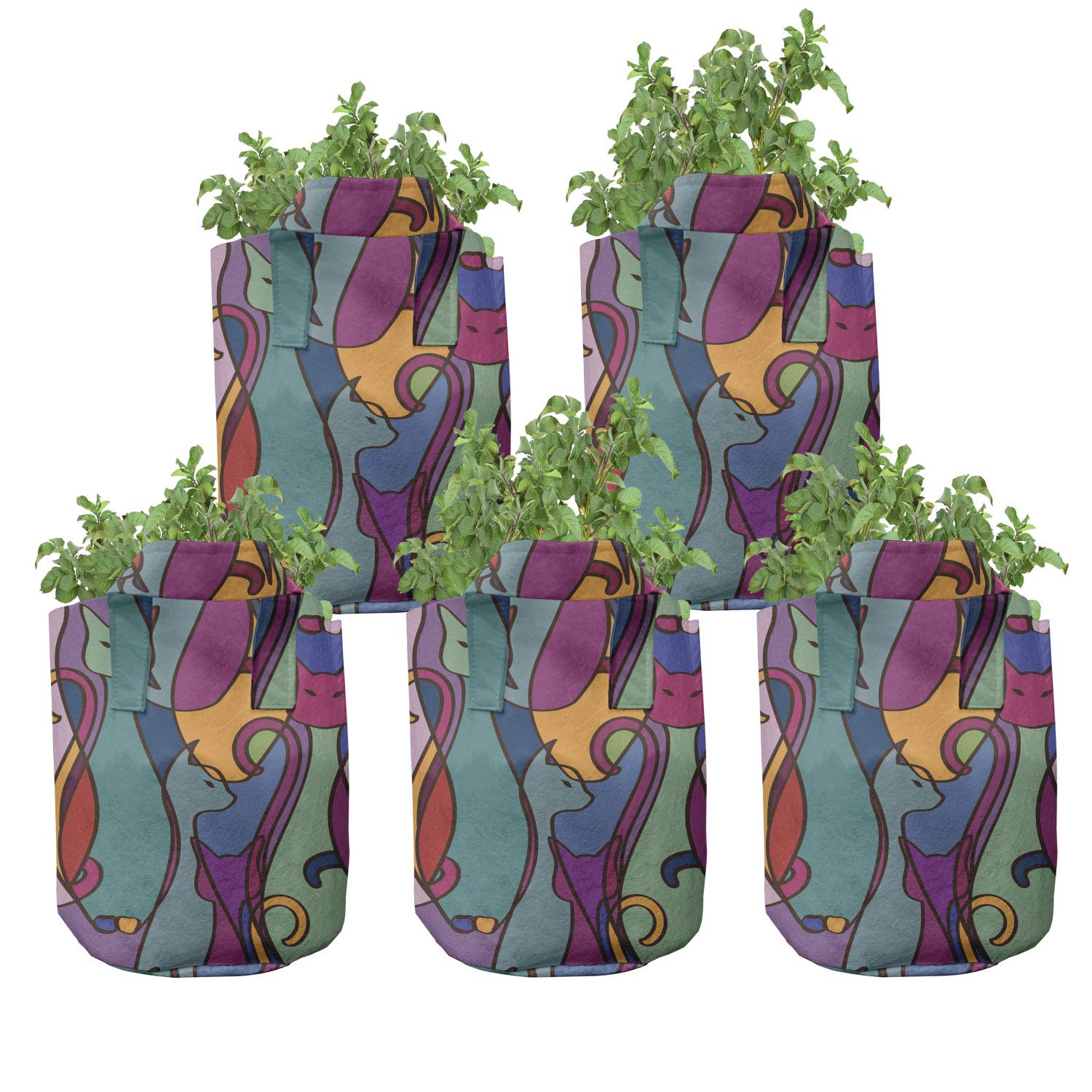 Ambesonne 5-Pack Cat Themed Geometric African Print Heavy Duty Fabric Grow Bags with Handles - 7 Gallon Plant Pots for Indoor/Outdoor Gardening - Perfect for Flowers, Vegetables, and Herbs