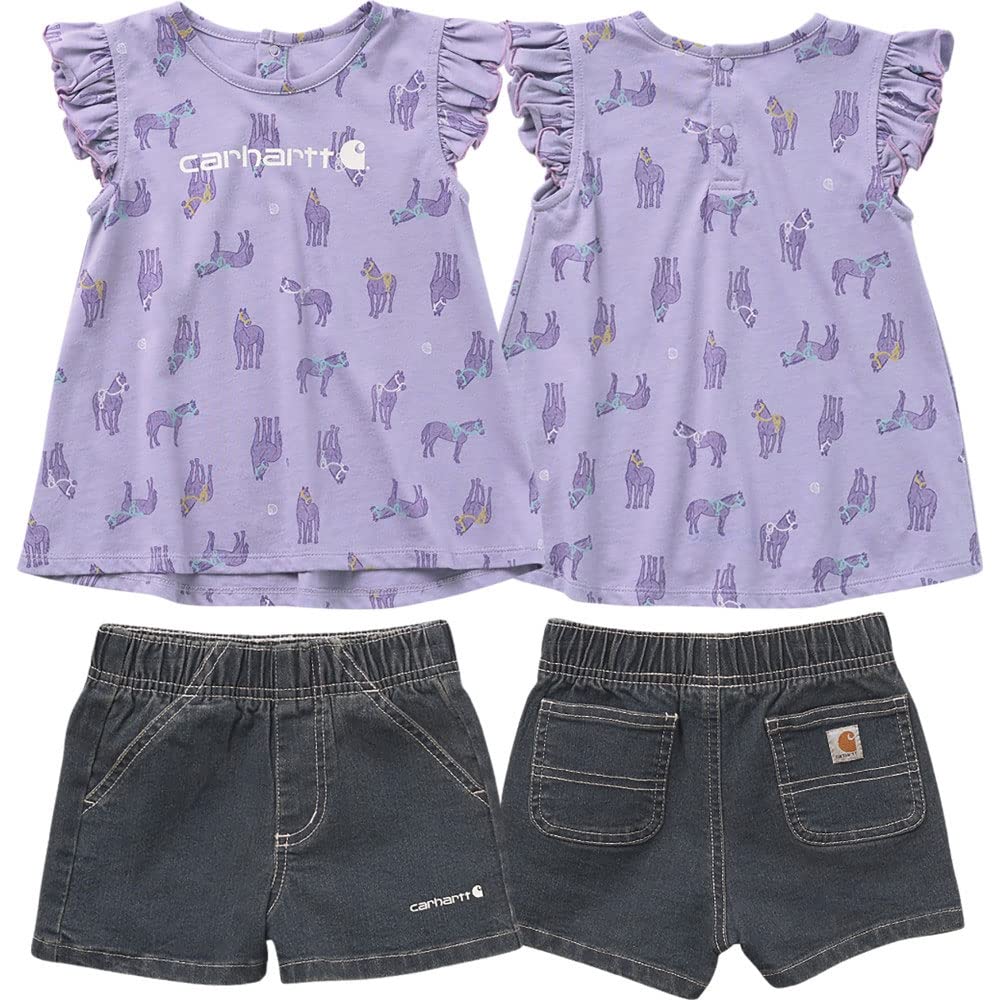 Carhartt Baby Girls Short-Sleeve Horse Print T-Shirt & Denim Shorts Set - Medium Wash Romper Outfit for Toddlers 3T | Cute Casual Playwear for Outdoor Activities & Summer Adventures