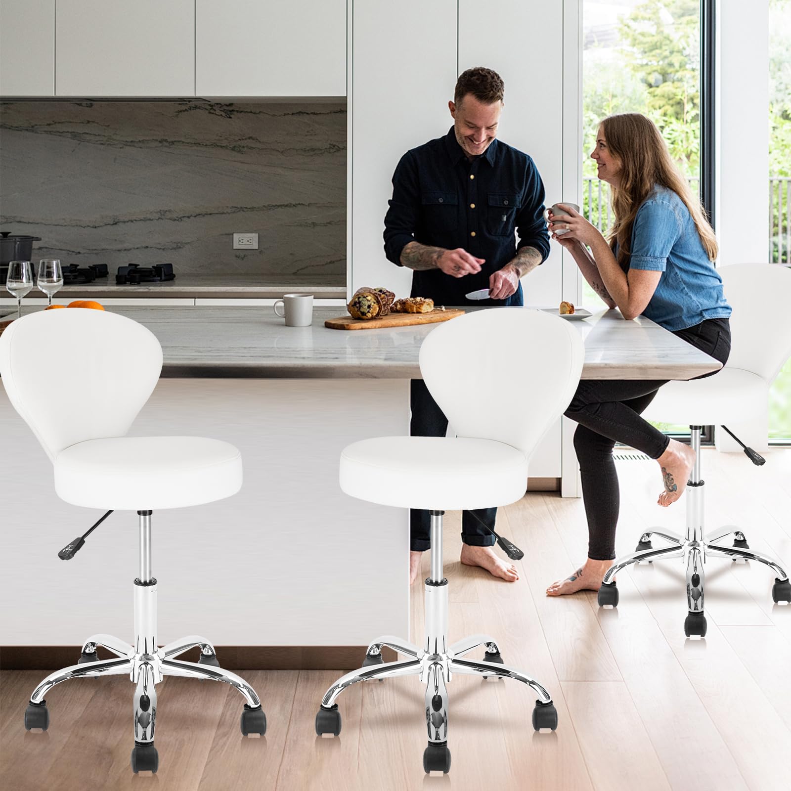 4 Pack PVC Faux Leather Rolling Swivel Salon Stools - Adjustable Hydraulic Height (15-22 Inch) with Low Back Support - Perfect for Office, Massage, Facial Spa, Medical & Tattoo Parlors - White Salon Chairs for Professional & Home Use