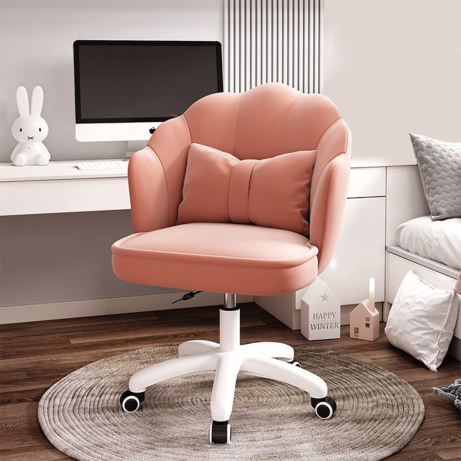 Adjustable Height Velvet Swivel Vanity Chair with Wheels & Armrest - Modern Mid-Back Office Desk Chair for Bedroom, Living Room & Home Office - Orange Upholstered Petal Computer Chair (23.6