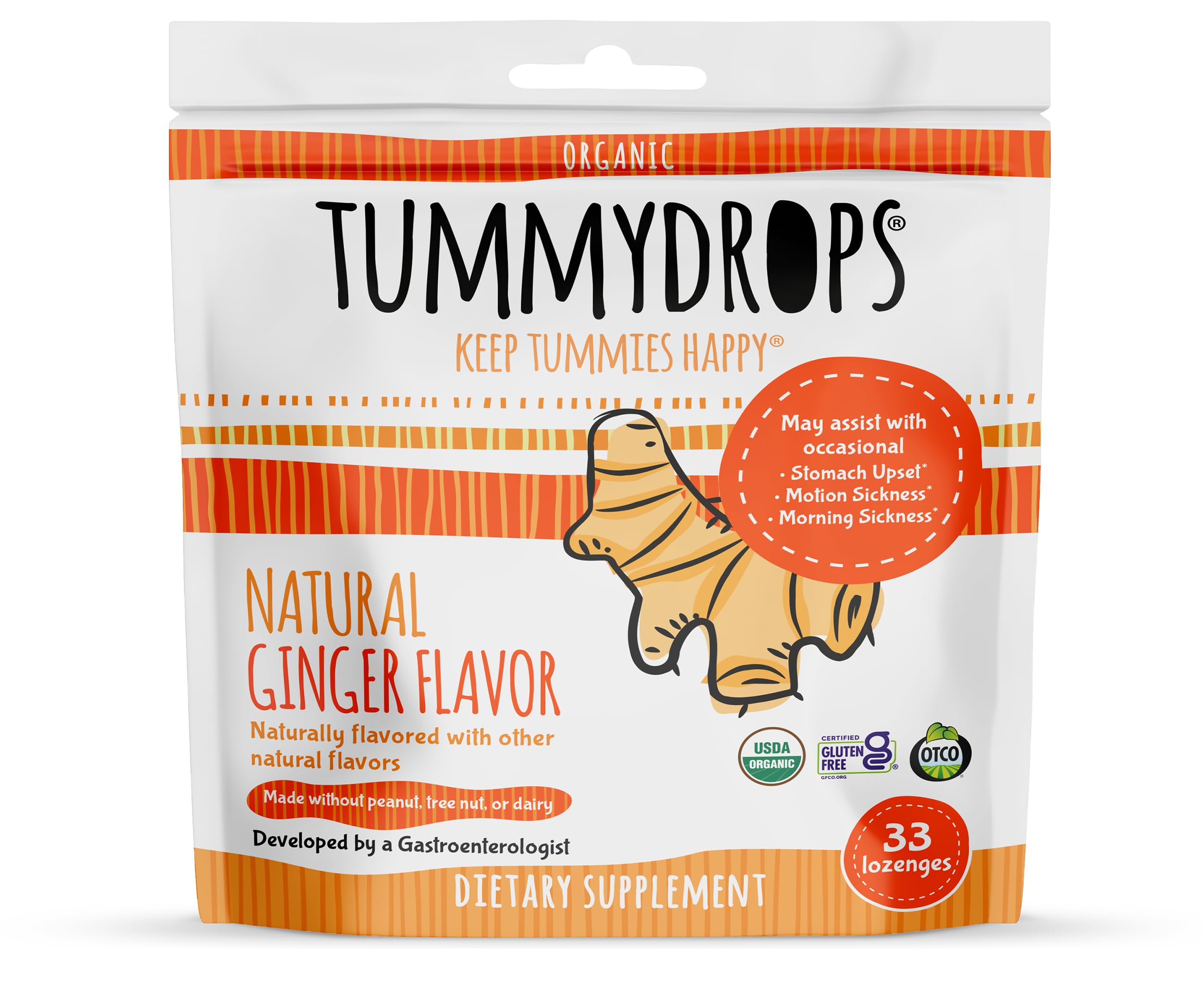 Organic Ginger Tummydrops for Digestion - USDA Certified, Gluten Free & Vegan - 33 Individually Wrapped Drops in Resealable Bag - Perfect for Travel, Motion Sickness & Upset Stomach Relief
