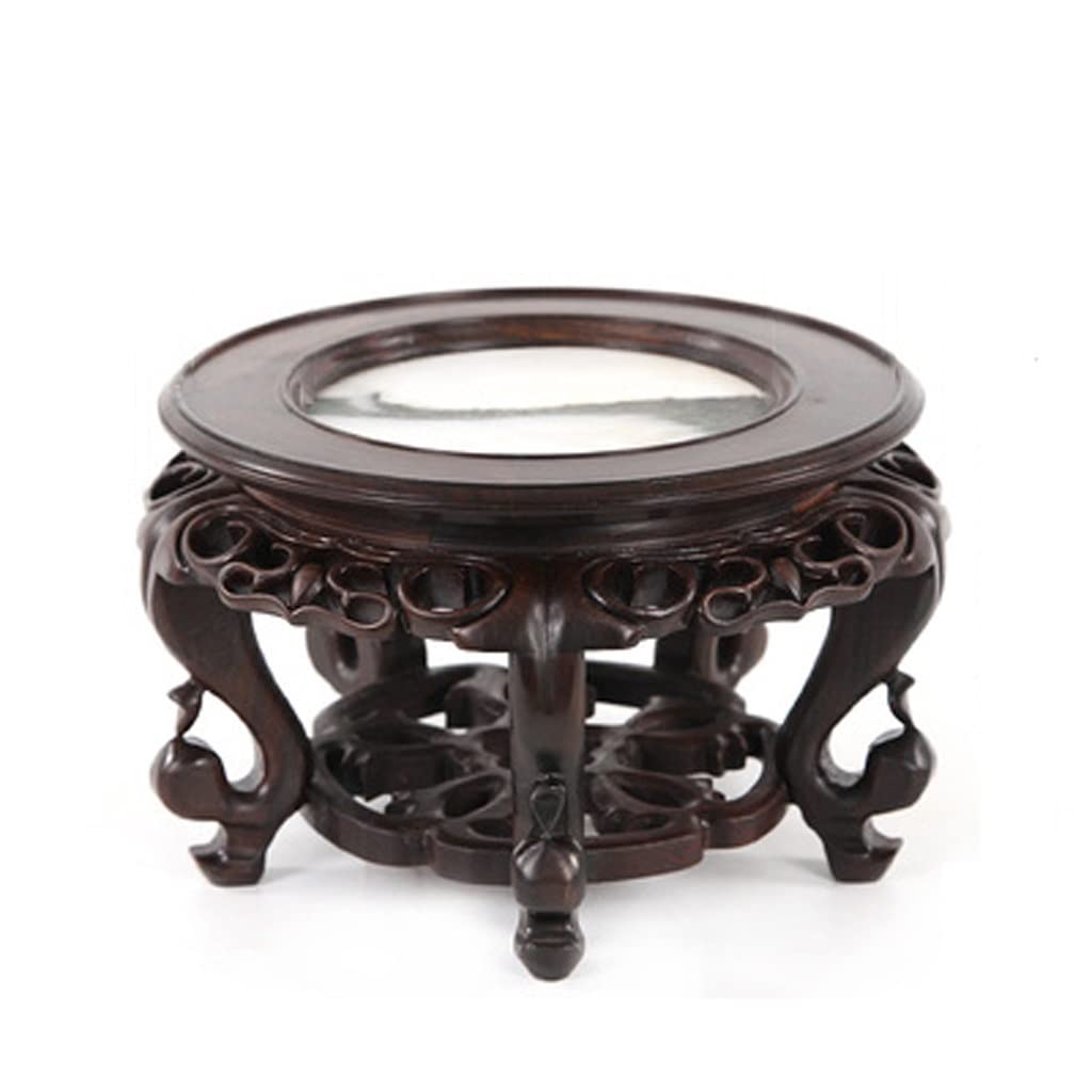 Premium Round Bonsai Stand - Solid Wood Base with Inlaid Marble Vase Bracket - Handcrafted Wood Carving & Natural Stone Design - Perfect for Indoor Plants, Flower Pots, Fish Tanks - Ideal for Living Room, Office, or Home Decor (Size B)