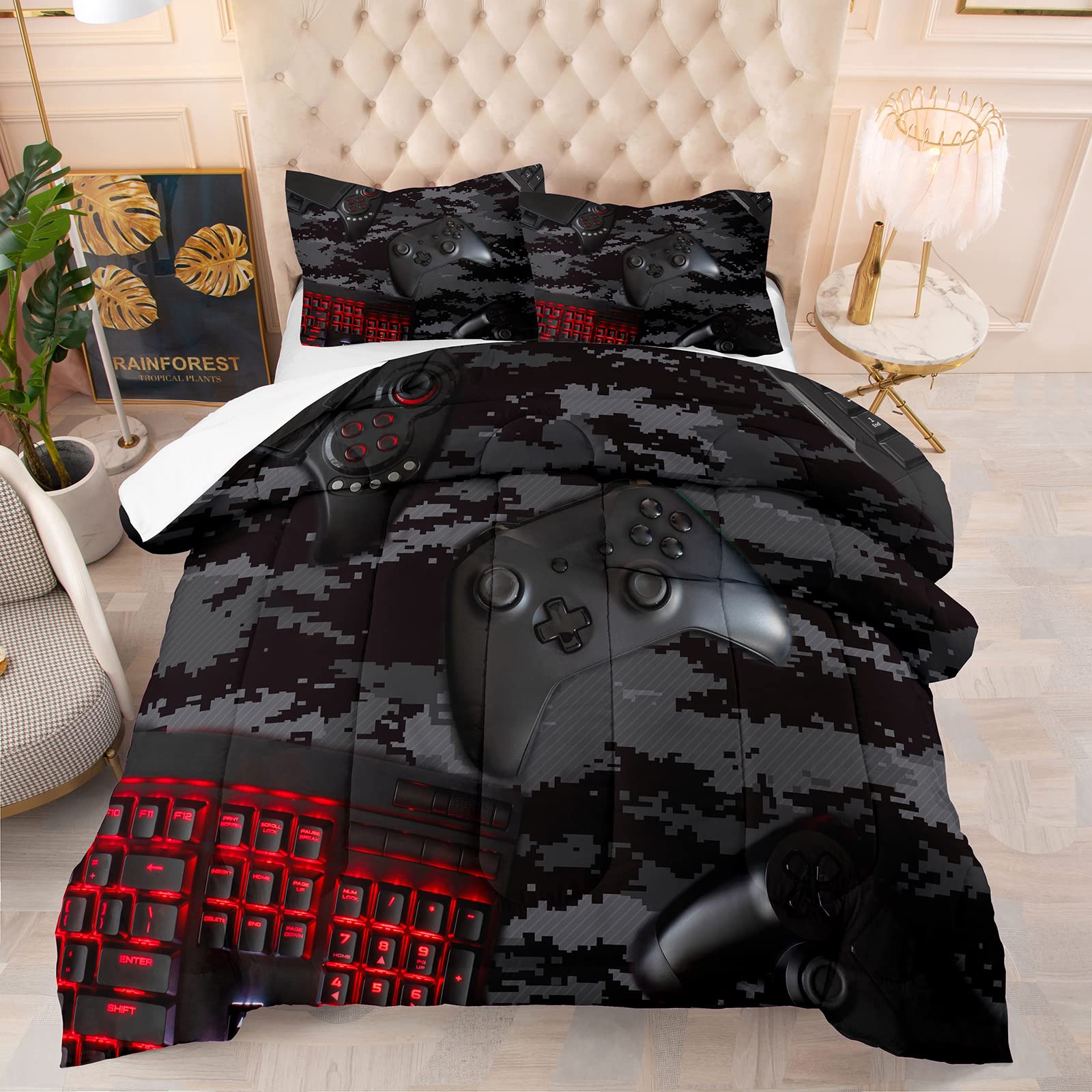 Modern Camouflage Gaming Comforter Set for Boys - King Size Bedding with 1 Comforter & 2 Pillowcases - Red Mouse Keyboard Design - Perfect for Gamers' Bedroom Decor and Cozy Gaming Setup