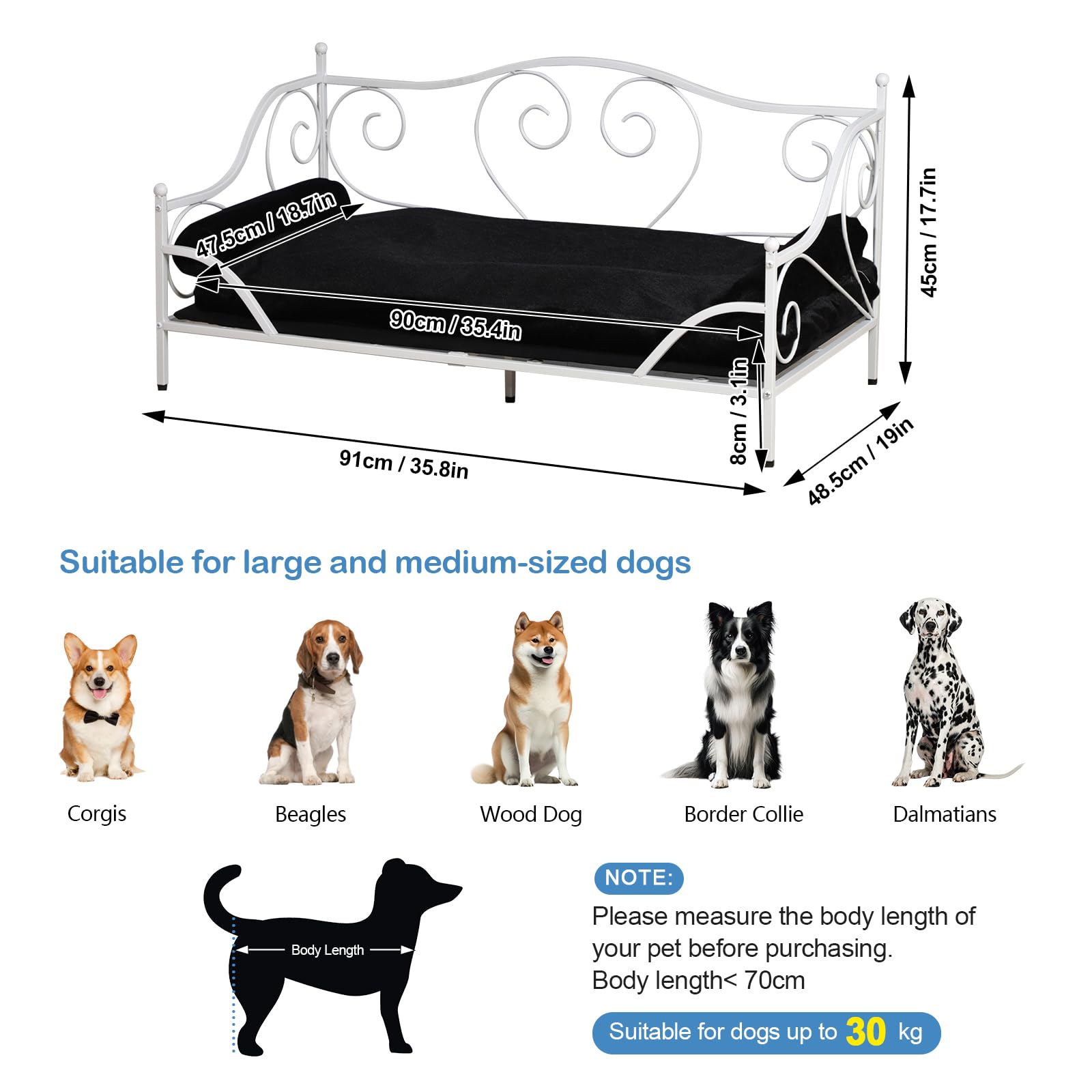 Premium Large Dog Couch Bed with Metal Frame & Washable Cushion - Orthopedic Pet Sofa for Medium to Large Dogs - Cozy Pet Furniture for Living Room, Bedroom & Office (White)