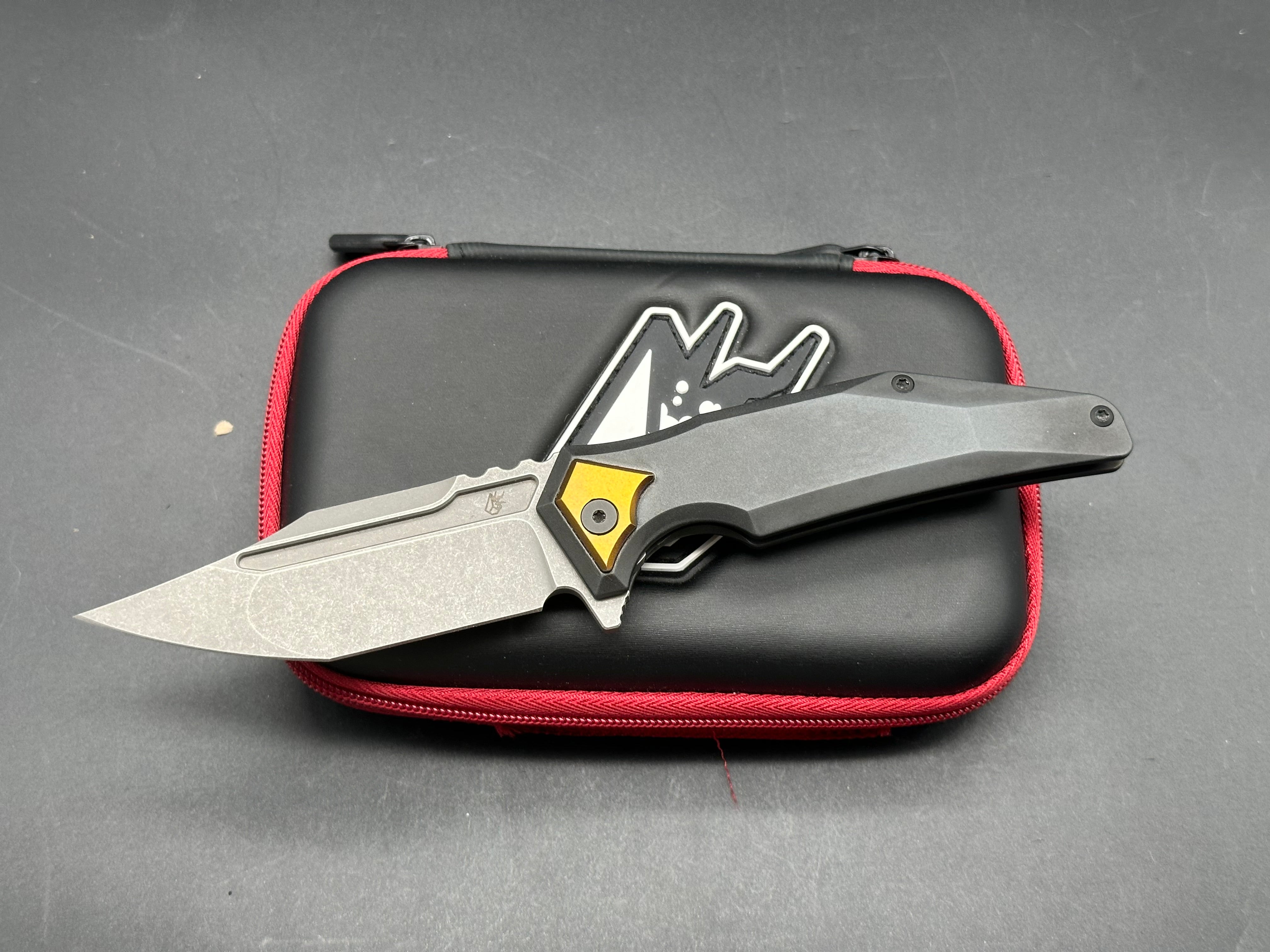 Arcane Design The Abyss Custom Titanium Knife - Charcoal Grey Ti Frame with Bronze Anodized Bolster, Backspacer & Clip, Bohler M390 Bowie Blade (Stonewash Finish) - Perfect for EDC, Outdoor Adventures & Collectors