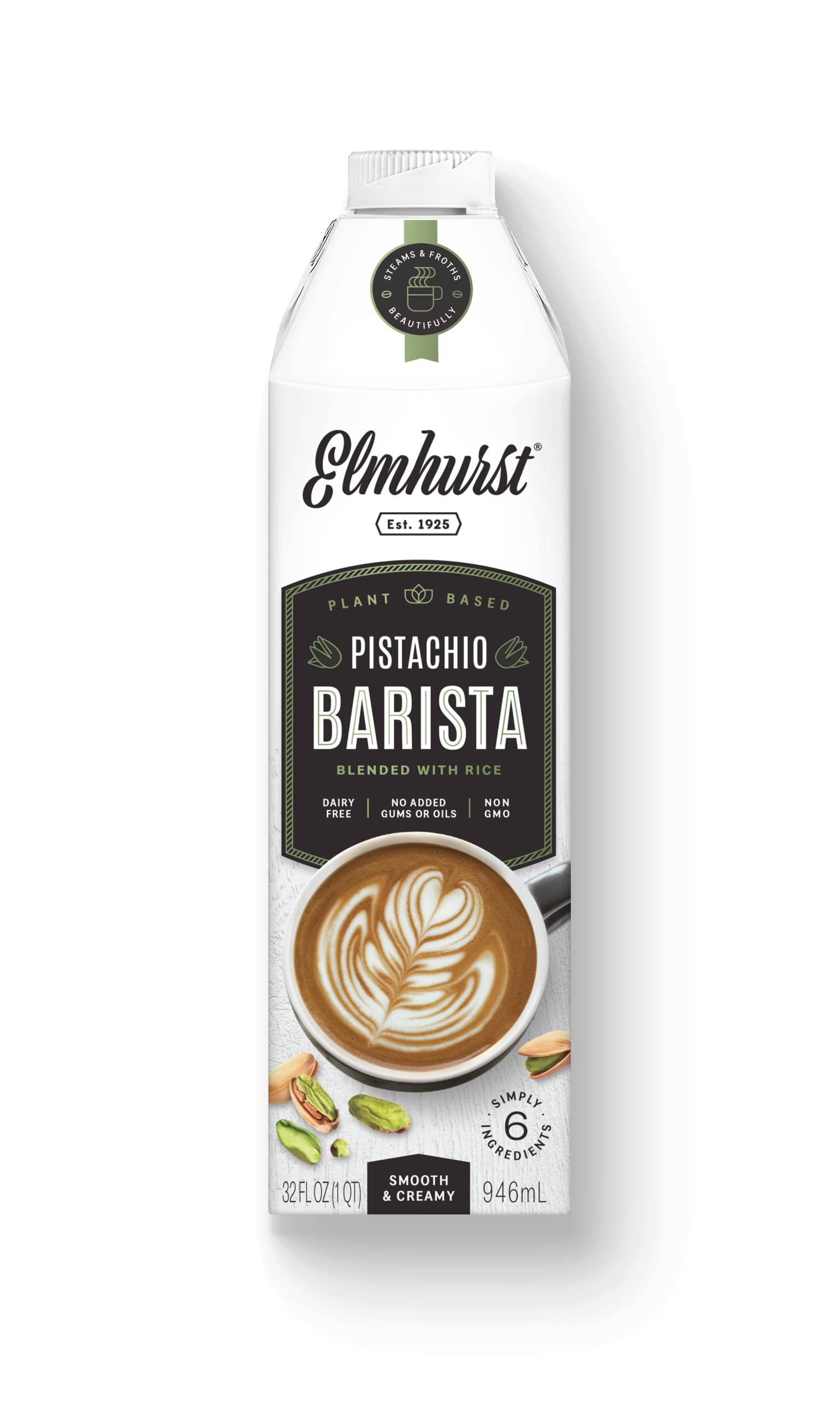 Elmhurst 1925 Barista Edition Pistachio Milk - 32oz (Pack of 6) | Vegan, Dairy-Free, Plant-Based Nut Milk | Perfect for Coffee, Smoothies & Baking