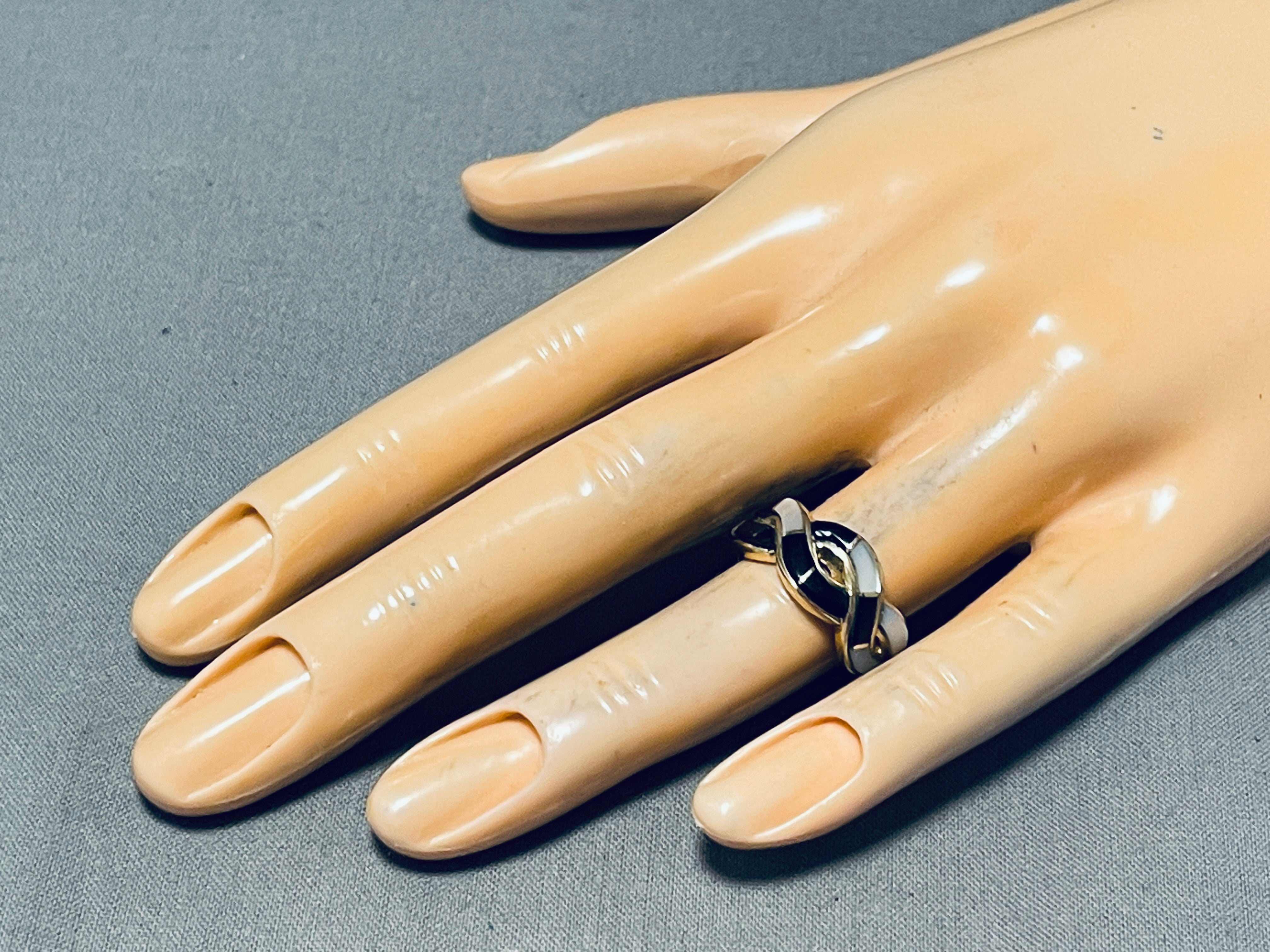 14K Solid Gold Vintage Native American Navajo Pearl Jet Ring - Handmade Southwest Jewelry for Women, Perfect for Weddings, Parties & Boho Fashion