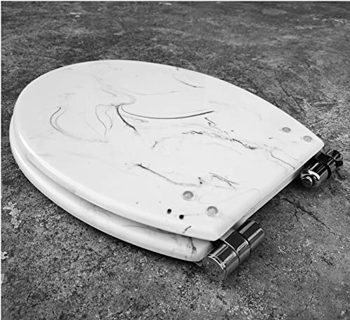 Slow Close Elongated Toilet Seat with Quick Release Hinges - Imitation Marble Resin Toilet Seat for Standard Toilets, Ceramic Texture, Top Mount Design (Silver) - Perfect for Bathroom Upgrade & Home Renovation