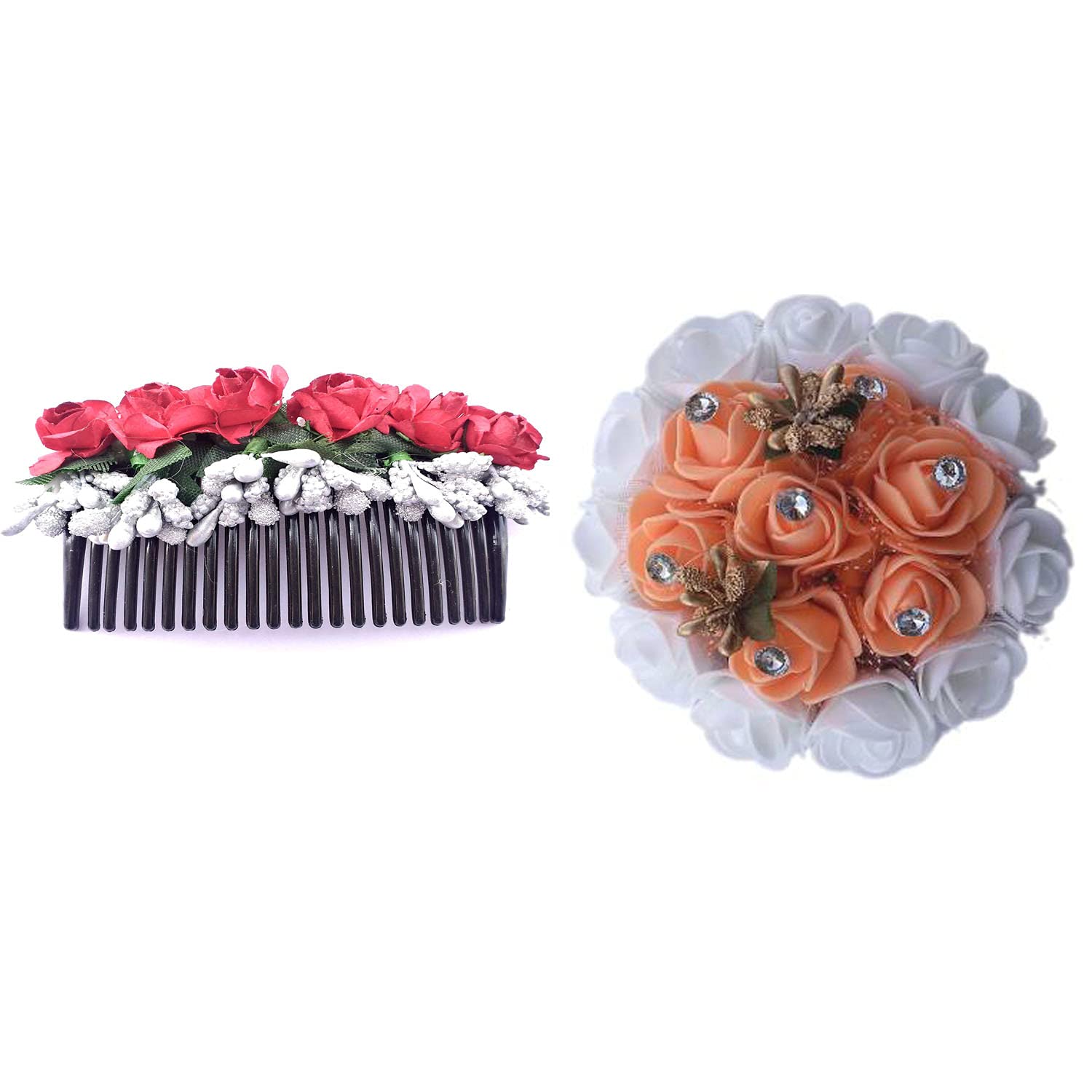 Vinshbond Hair Gajra Bun Maker & Flower Comb Hair Accessories for Women - Multicolor Pack (2 Pieces) - Perfect for Weddings, Parties, and Traditional Indian Hairstyles