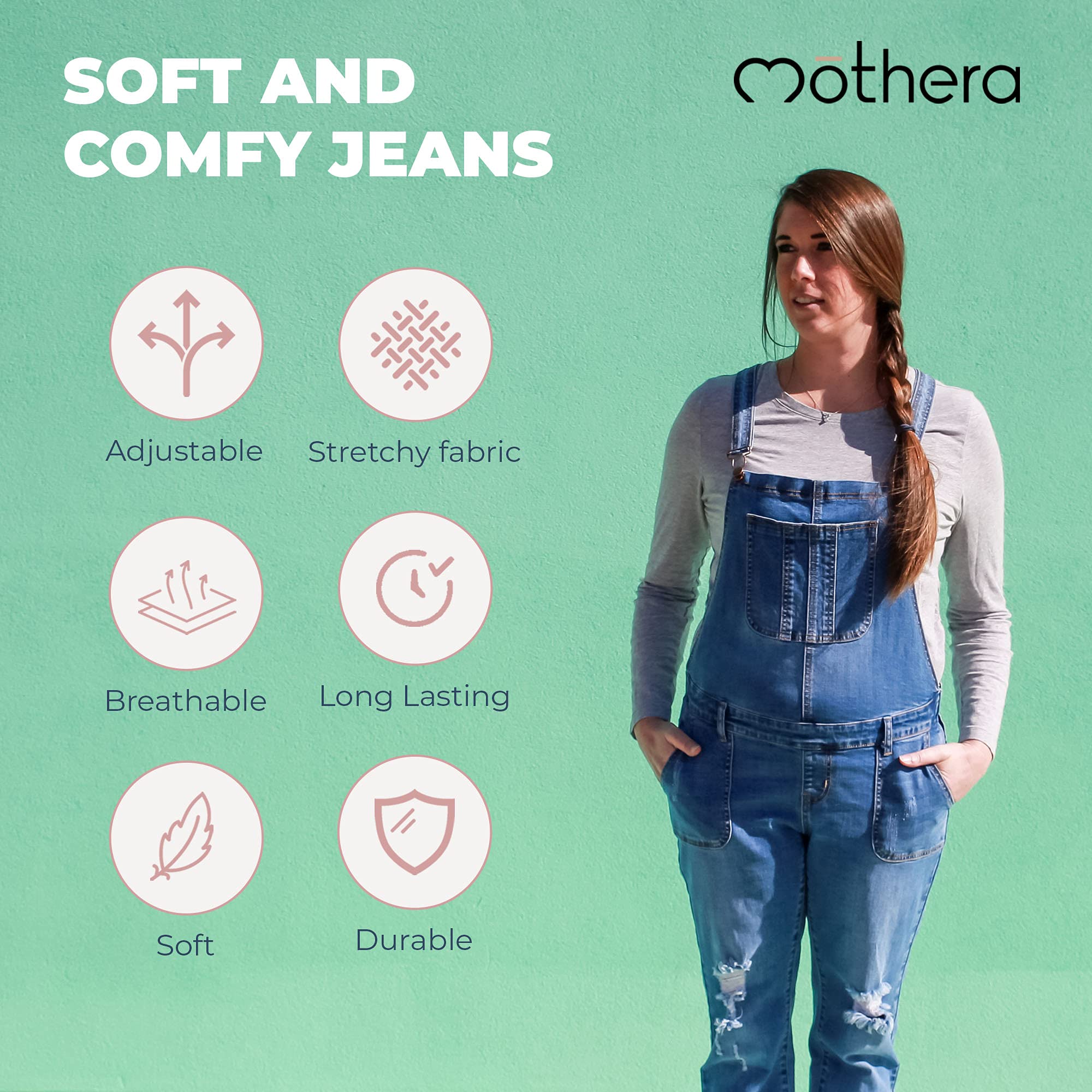 Mothera Maternity Overalls for Pregnant Women - Adjustable Denim Overalls with Zipper for Pregnancy & Postpartum - Comfortable Nursing Clothes for Work, Travel & Everyday Wear