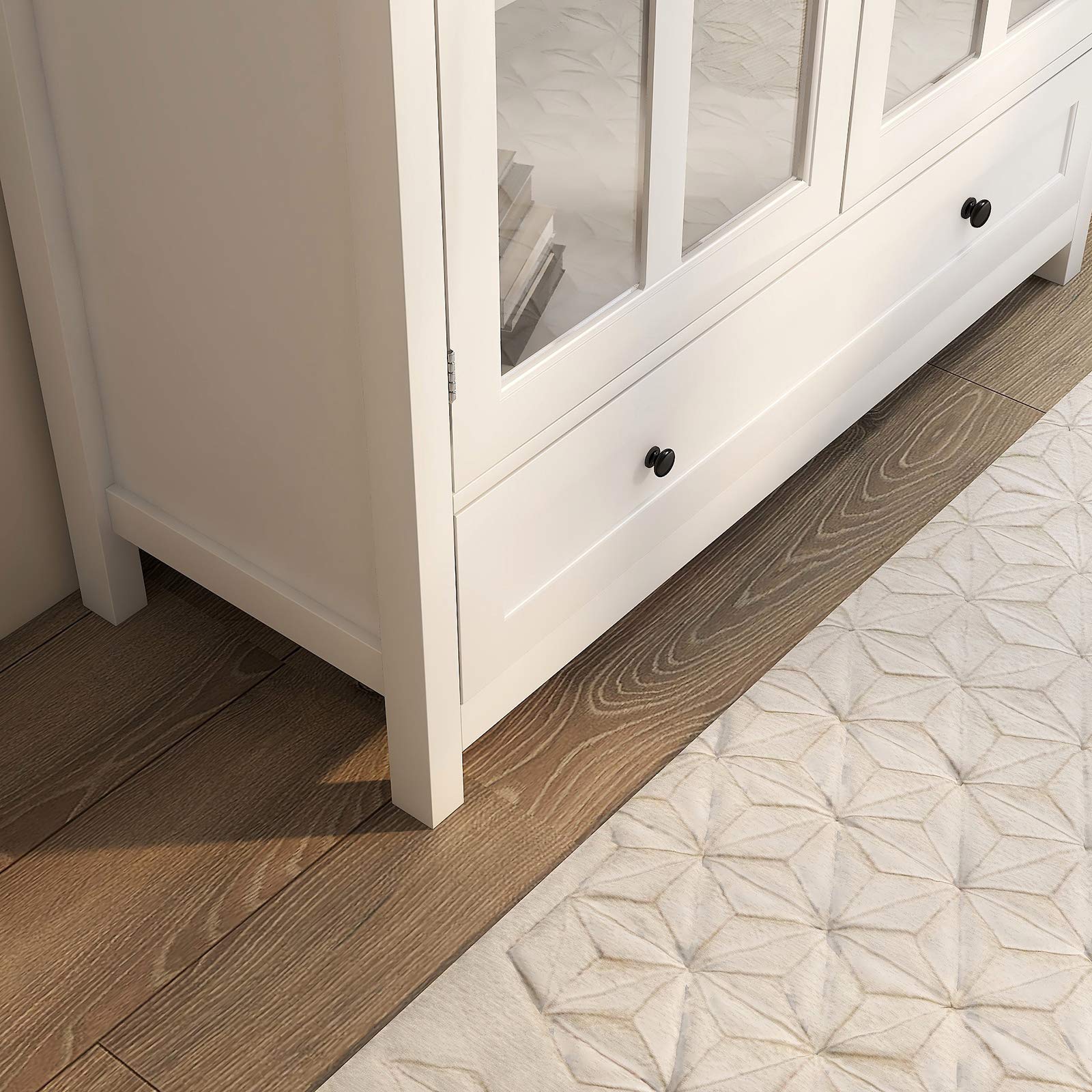 Modern White Wood Buffet Sideboard - Kitchen Storage Cabinet with Large Drawer & Glass Doors - Elegant Dining Room Buffet & Entryway Console - Perfect for Home Decor, Kitchen Organization & Living Room Storage