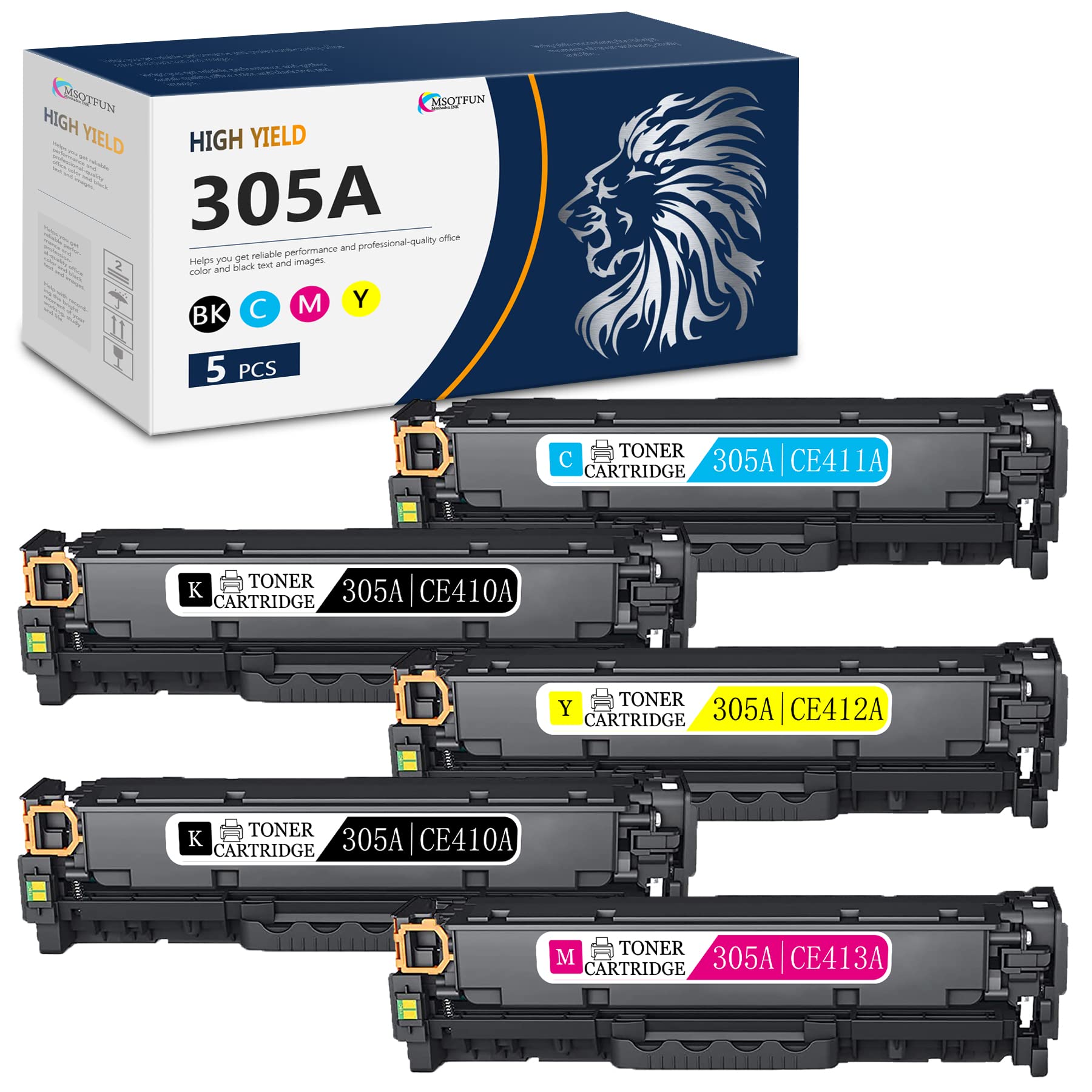 MSOTFUN 5-Pack Compatible 305A CE410A CE411A CE412A CE413A Toner Cartridges Replacement for HP 305A - Works with HP Color LaserJet Pro M351a M451nw M451dn M451dw M475dn M475dw M375nw Printers (2 Black, 1 Cyan, 1 Magenta, 1 Yellow) - Ideal for Office & Home Printing Needs