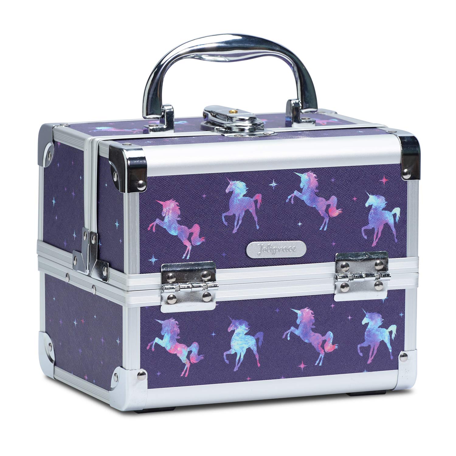 Joligrace Unicorn Makeup Box for Girls - Portable Travel Cosmetic Case with Mirror, Lockable Jewelry Organizer, Lightweight & Durable (19.5x15x16cm) - Perfect for Travel, Birthday Gifts & Beauty Storage