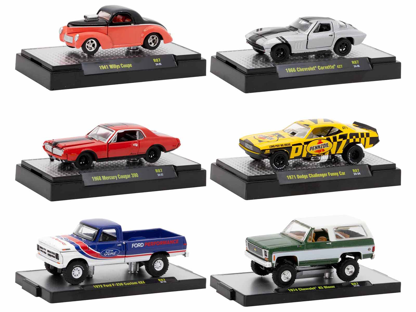 M2 Machines 1/64 Scale Diecast Model Cars - Auto Thentics 6-Piece Limited Edition Set (Release 87) in Display Cases - Collectible Miniature Vehicles for Car Enthusiasts & Model Display