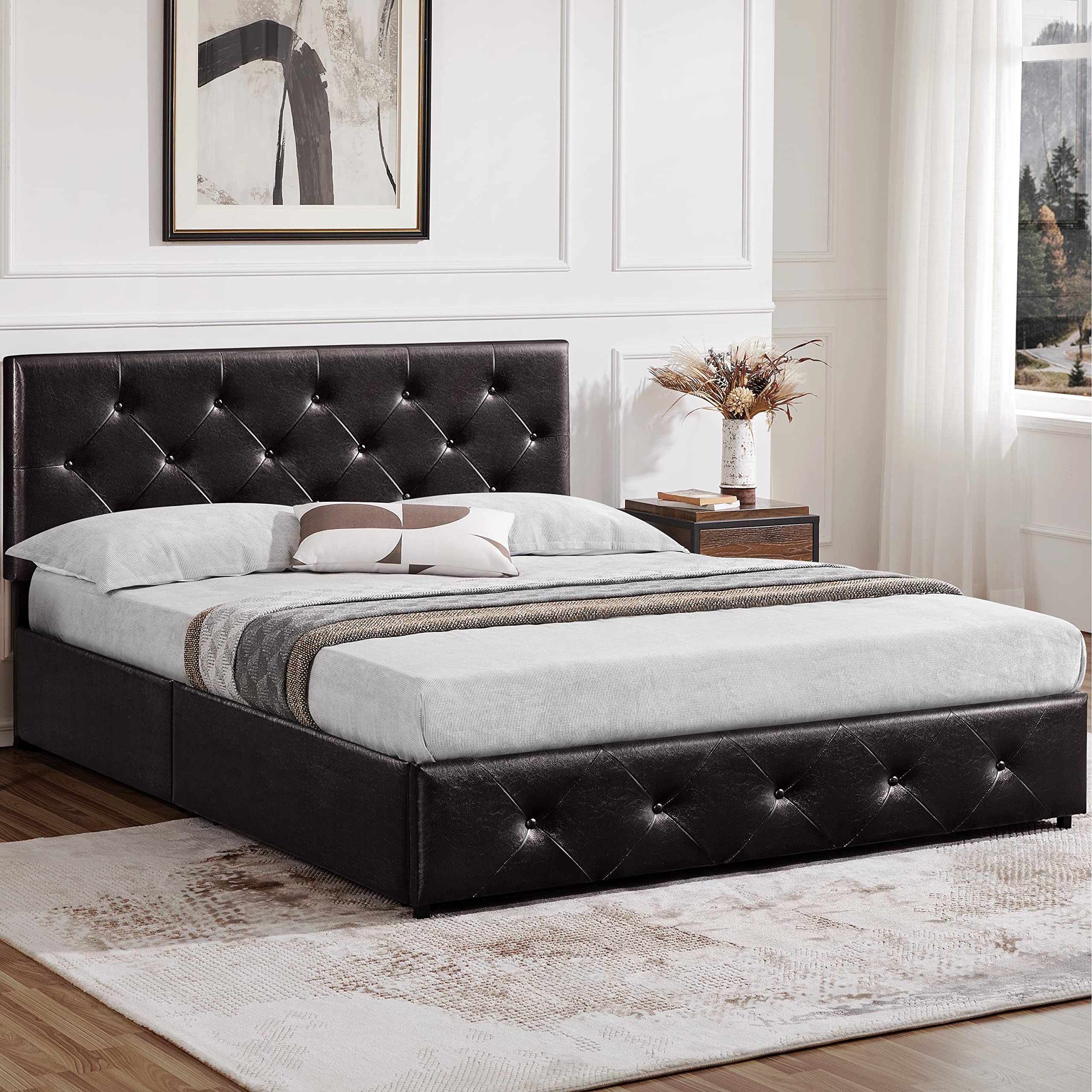 Yaheetech Queen Upholstered Bed Frame with Storage & Adjustable Headboard - Perfect for Small Bedrooms & Guest Rooms