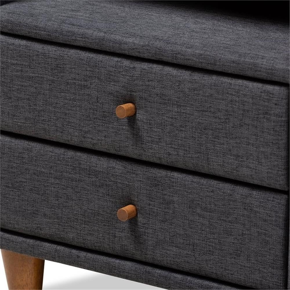 Baxton Studio Claverie Mid-Century Modern Nightstand - Charcoal Fabric Upholstered 2-Drawer Wood Bedside Table for Bedroom Furniture & Home Decor