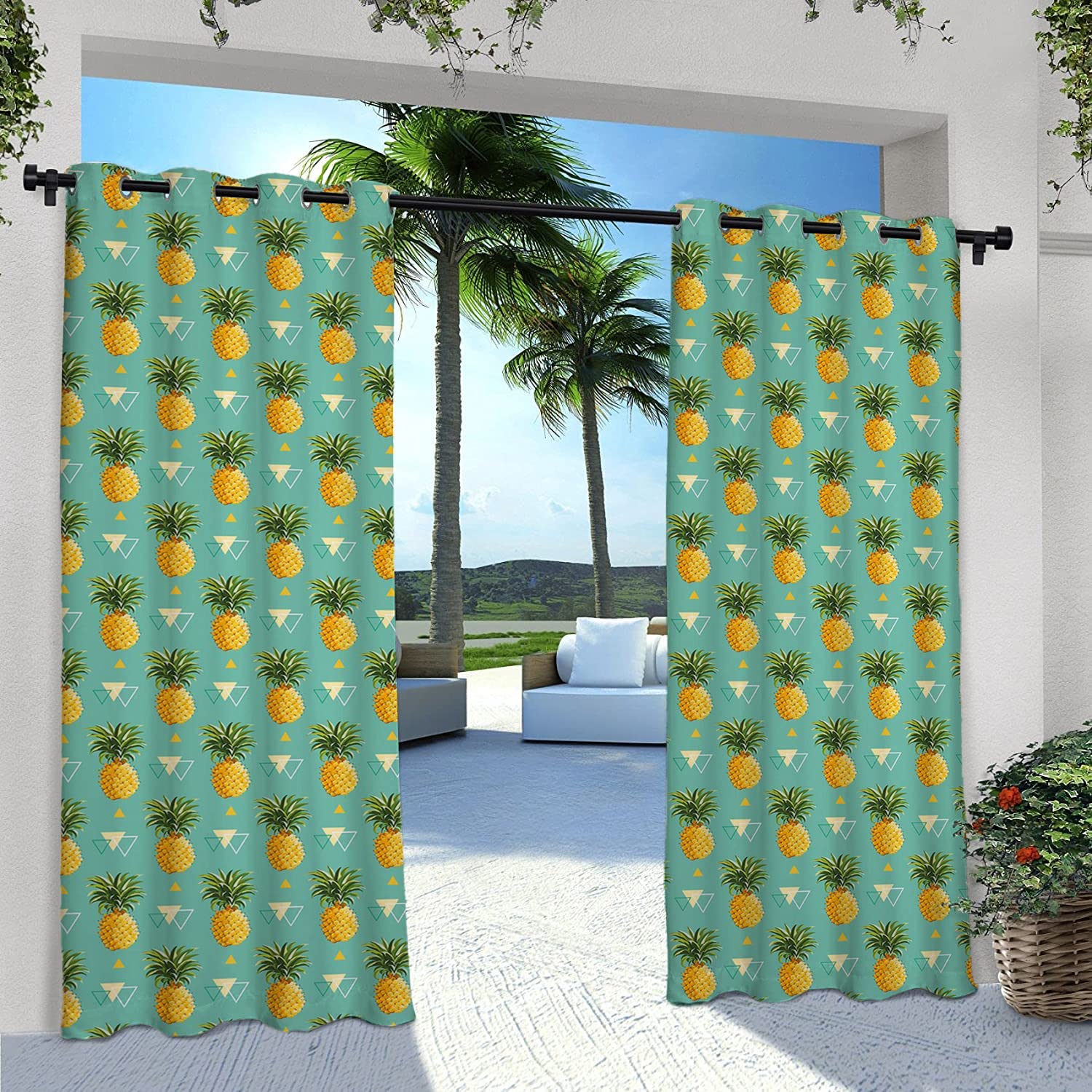 Waterproof Geometric Pineapple Outdoor Patio Curtains - Tropical Fruit Pattern, Windproof Blackout Drapes in Orange & Seafoam Green - Perfect for Summer Decor, Beach Houses & Boho Chic Living Spaces