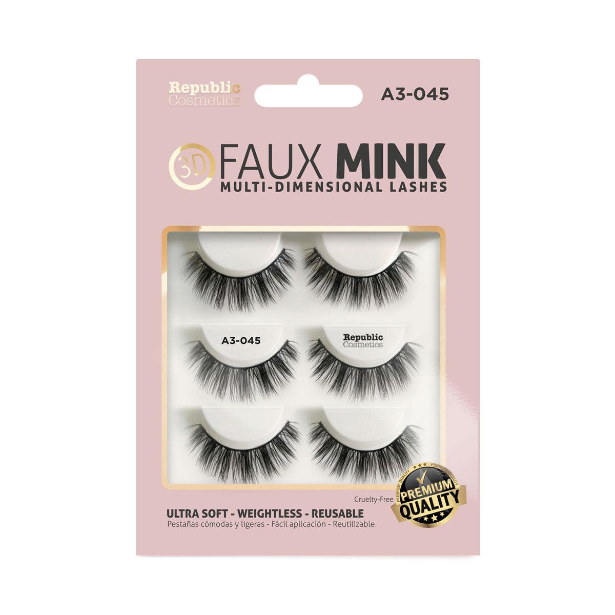 Republic Cosmetics 3D Faux Mink Lashes - Set of 3 Pairs (Style A3 045) - Natural Looking False Eyelashes for Daily Wear & Special Occasions