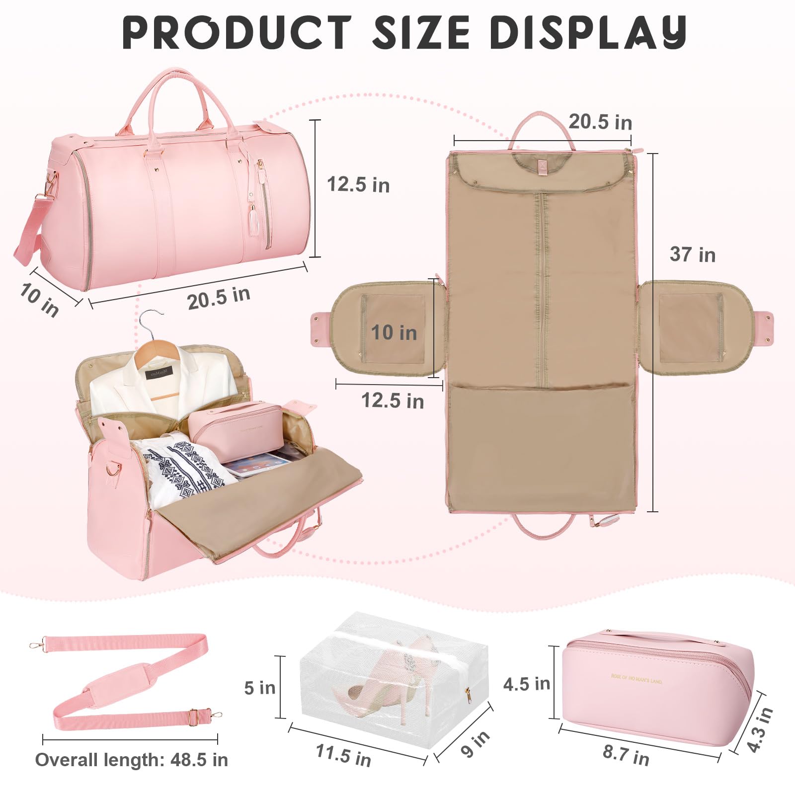 Premium 2-in-1 Convertible PU Leather Garment Bag for Women - Travel Hanging Suitcase with Shoe Compartment & Toiletry Pouch | Carry-On Dress Bag for Business Trips, Weddings & Vacations (Pink)