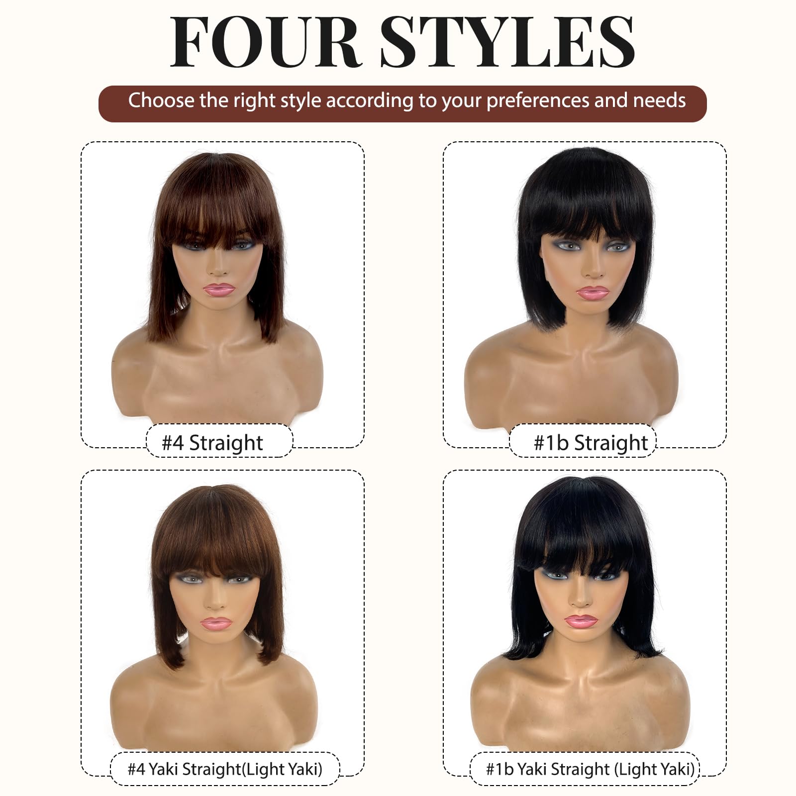 Yaki Straight Short Bob Wig with Bangs for Black Women - 100% Human Virgin Hair, 2x1 Lace Scalp, 14
