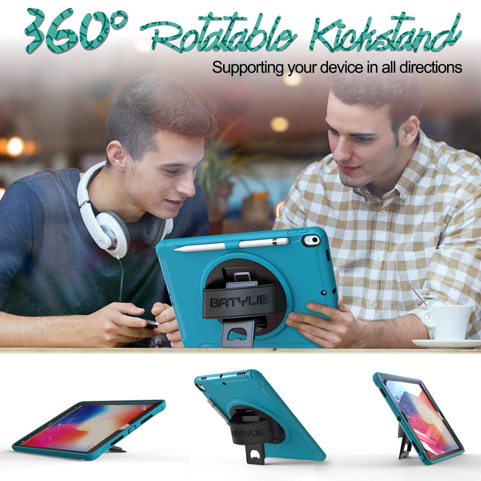 BATYUE Shockproof Rugged Case for iPad Pro 10.5 (2017) & iPad Air 3 (2019) - 360° Swivel Kickstand, Leather Hand Strap & Pencil Holder - Light Blue Protective Cover for Work, Travel & Outdoor Use