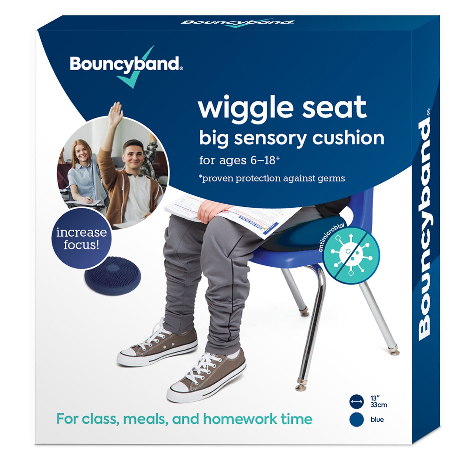 Bouncyband Antimicrobial Wiggle Seat Sensory Cushion for Kids - Blue, 13/33cm - Improve Focus & Reduce Fidgeting in Classroom or Home Learning