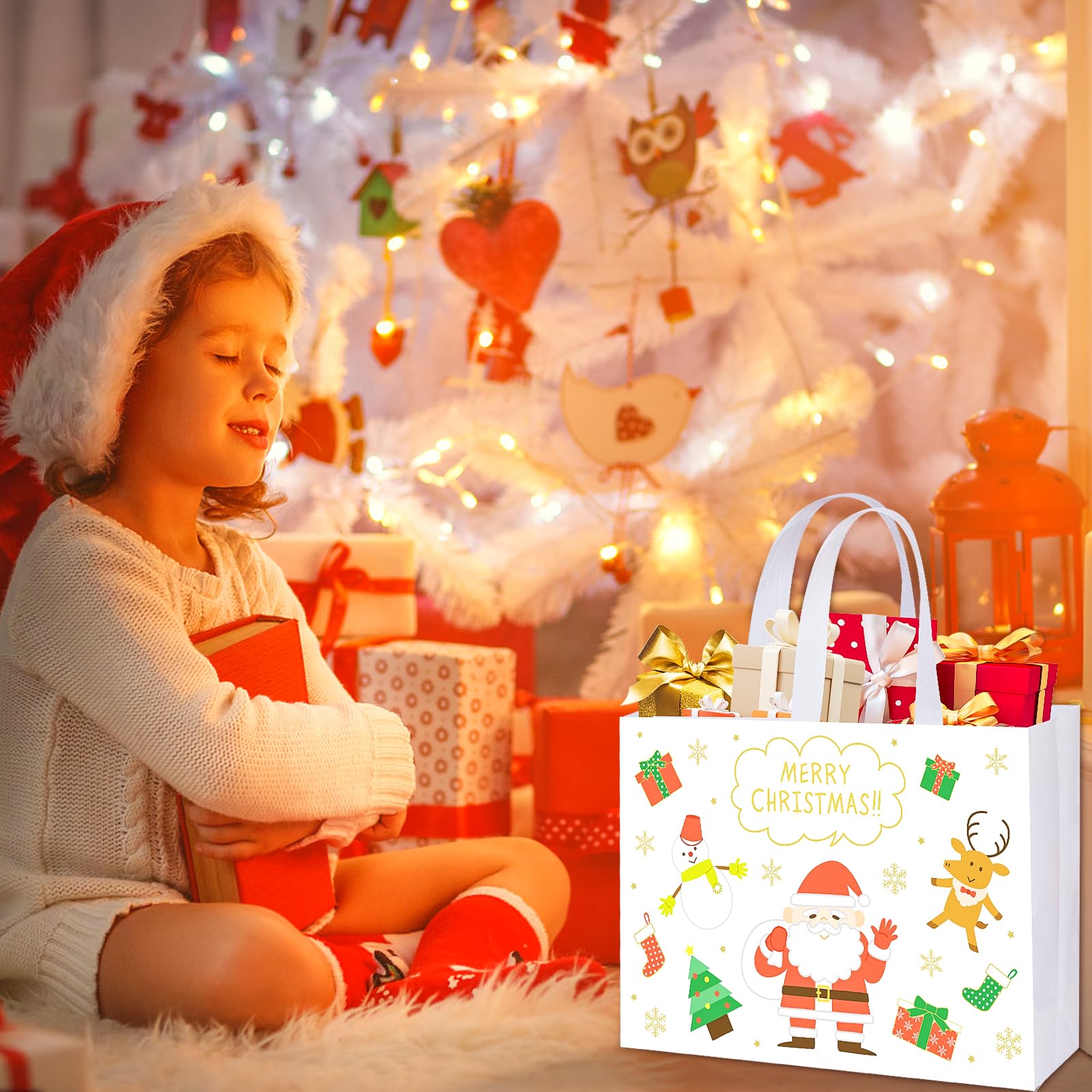 12-Pack Large Christmas Gift Bags - Reusable Holiday Tote Bags Non-Woven Fabric, Xmas Shopping Bags with Sturdy Handles for Gift Wrapping, Party Favors & Treats (12.6