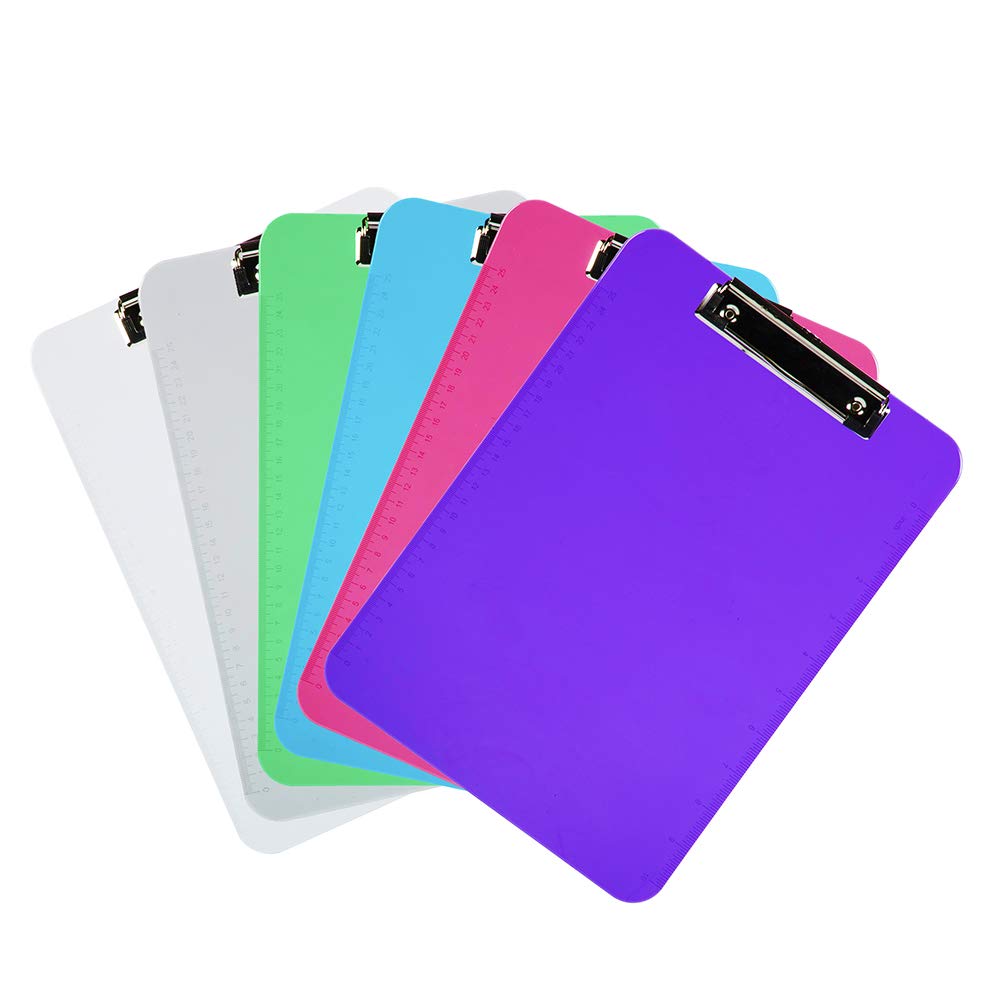 Low Profile Metal Clip Plastic Clipboards - 6 Pack, Assorted Colors for Office & School Use