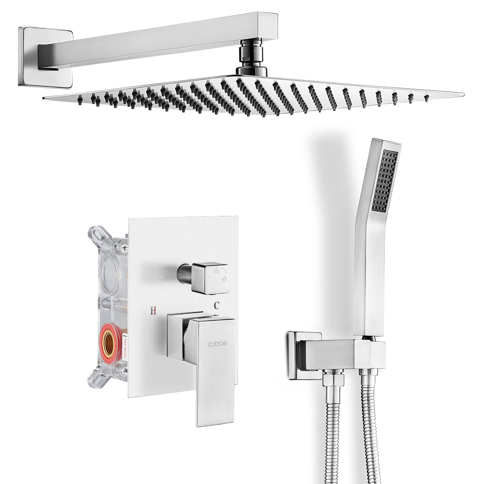 Cobbe 12-inch Brushed Nickel Wall Mounted Shower System Set - Rain Shower & Handheld Combo with Valve & Trim Kit | Perfect for Modern Bathroom Renovations & Spa-Like Shower Experience