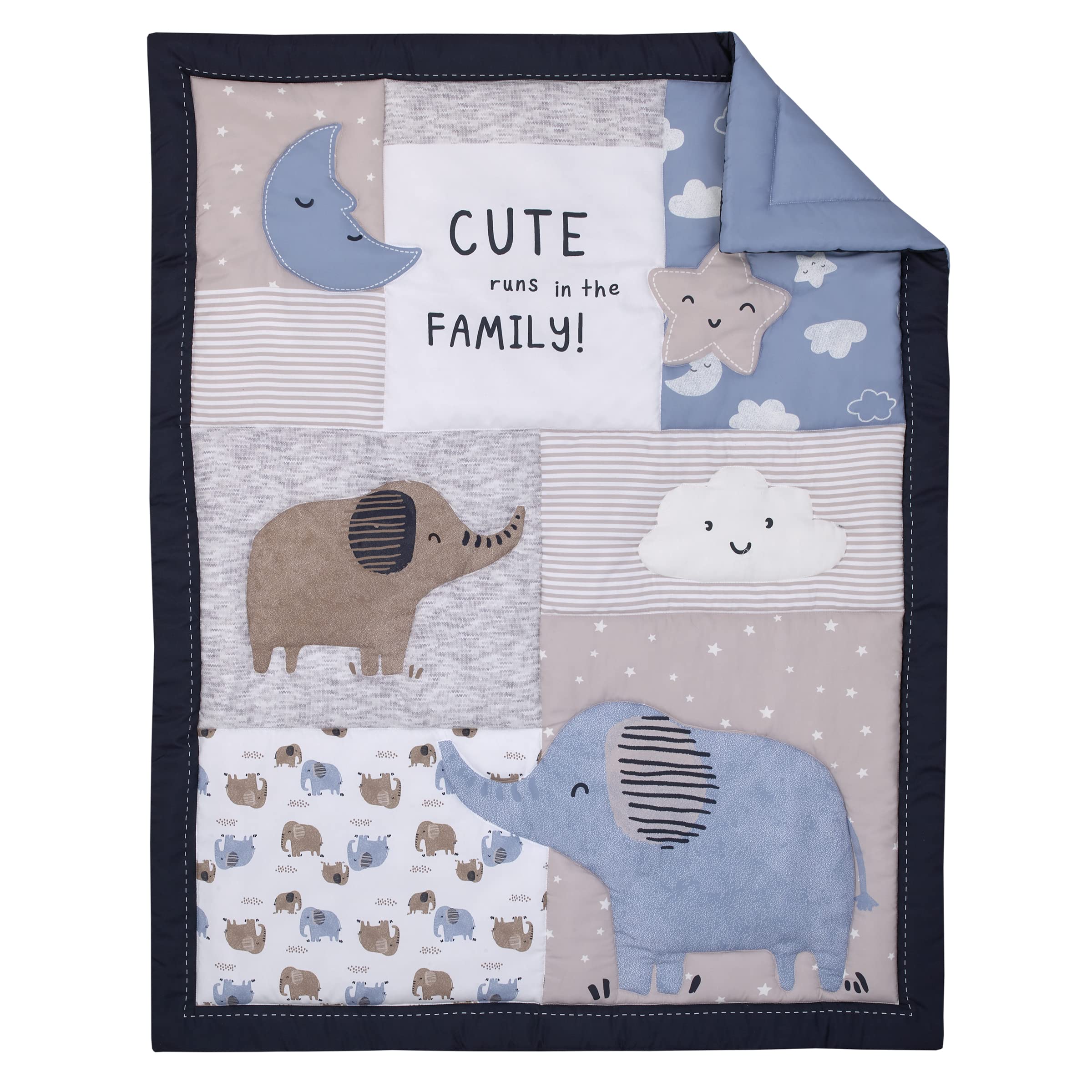 NoJo Carter's Blue Elephant 3-Piece Nursery Crib Bedding Set - Soft Chambray, Navy, Gray & White with Elephant, Moon, Clouds & Stars Design - Includes Comforter, Fitted Sheet & Crib Skirt | Perfect for Baby Shower Gifts & Cozy Nursery Decor